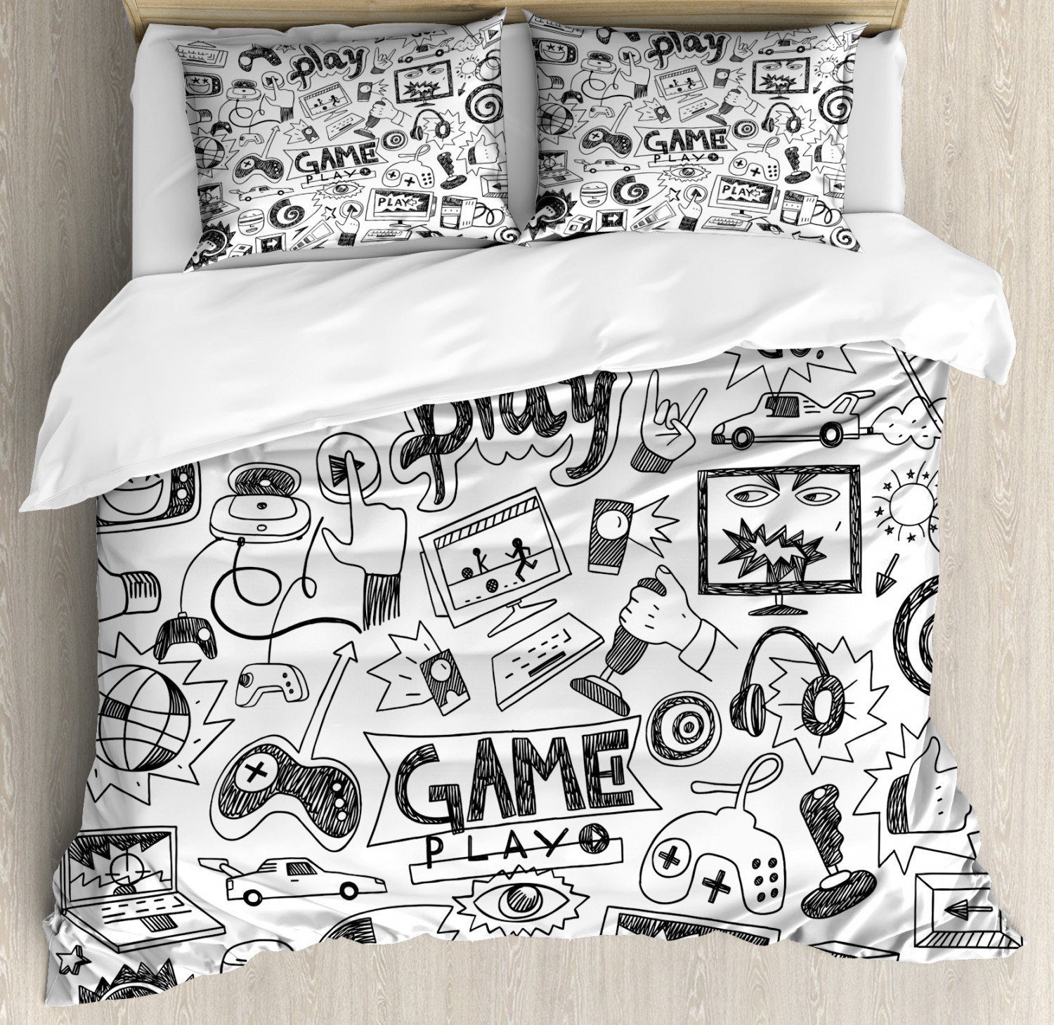 Video Games Duvet Cover Set With Pillow Shams Sketch Style Gaming