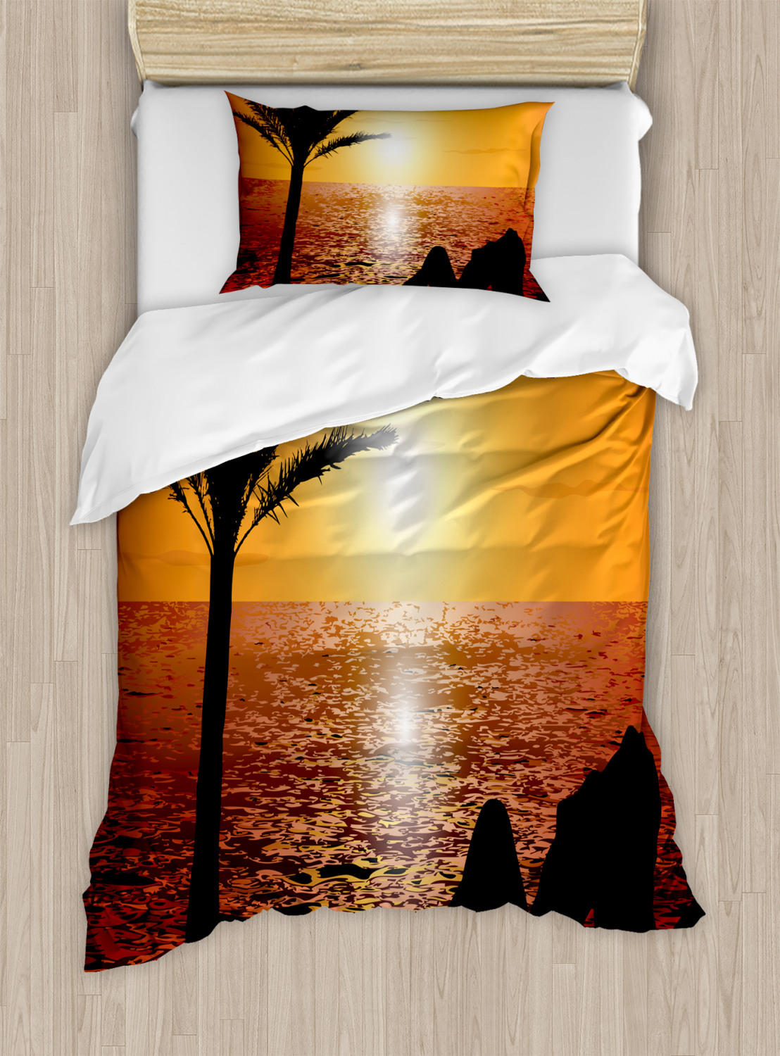 Romantic Duvet Cover Set with Pillow Shams Colorful Beach Sunset Print