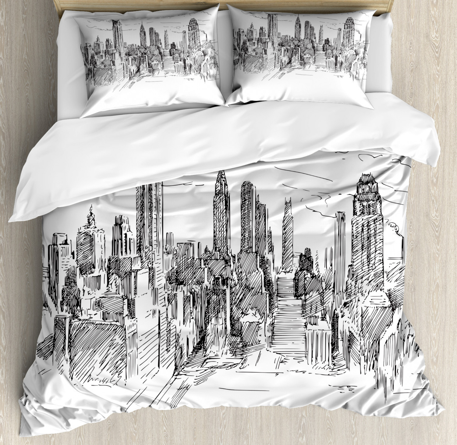 Modern Duvet Cover Set With Pillow Shams Sketchy Nyc Cityscape