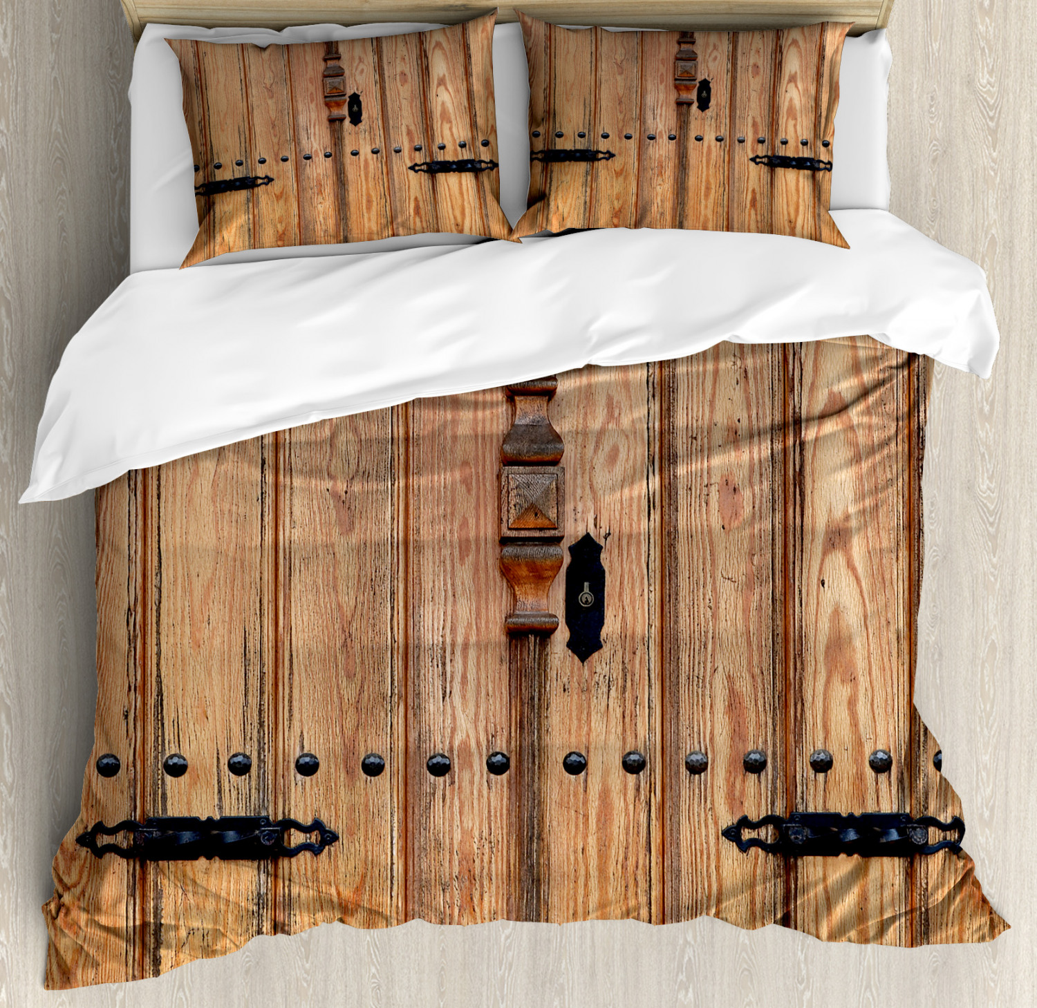 Wooden Duvet Cover Set with Pillow Shams Door with Iron Detail Print Wooden Duvet Cover Set with Pillow Shams Door with Iron Detail Print
