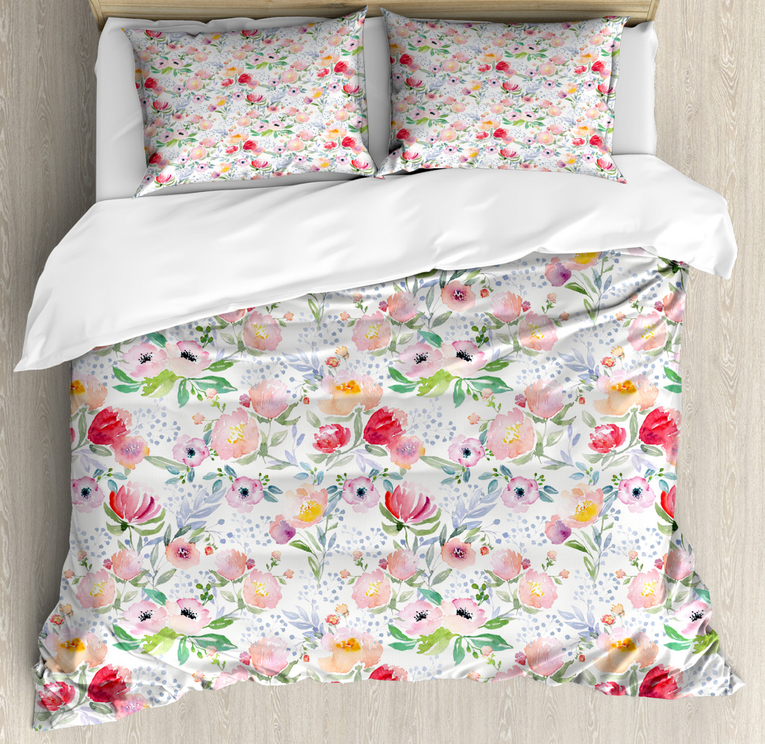 Country Queen Size Duvet Cover Set Colored Spring Flowers with 2 Pillow