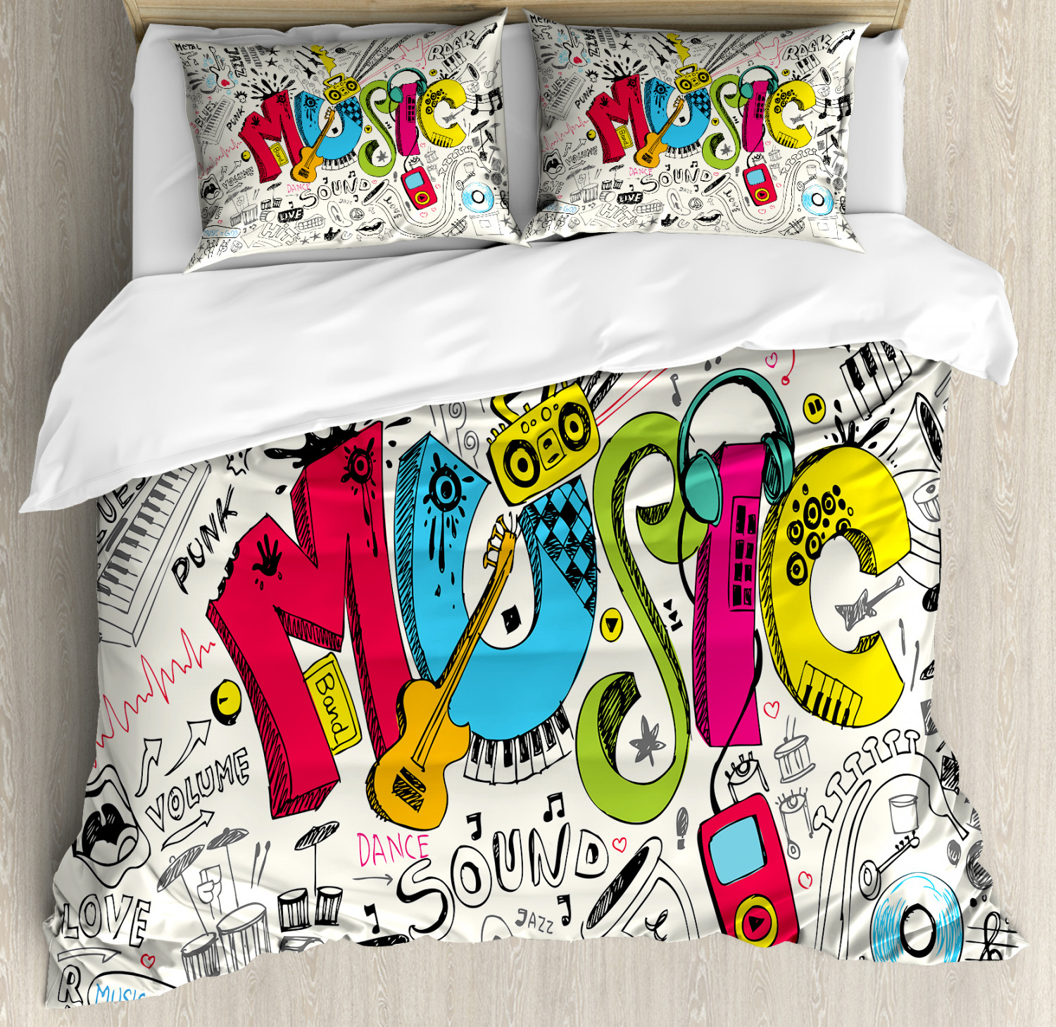 Music Duvet Cover Set With Pillow Shams Pop Art Sketch Style Art