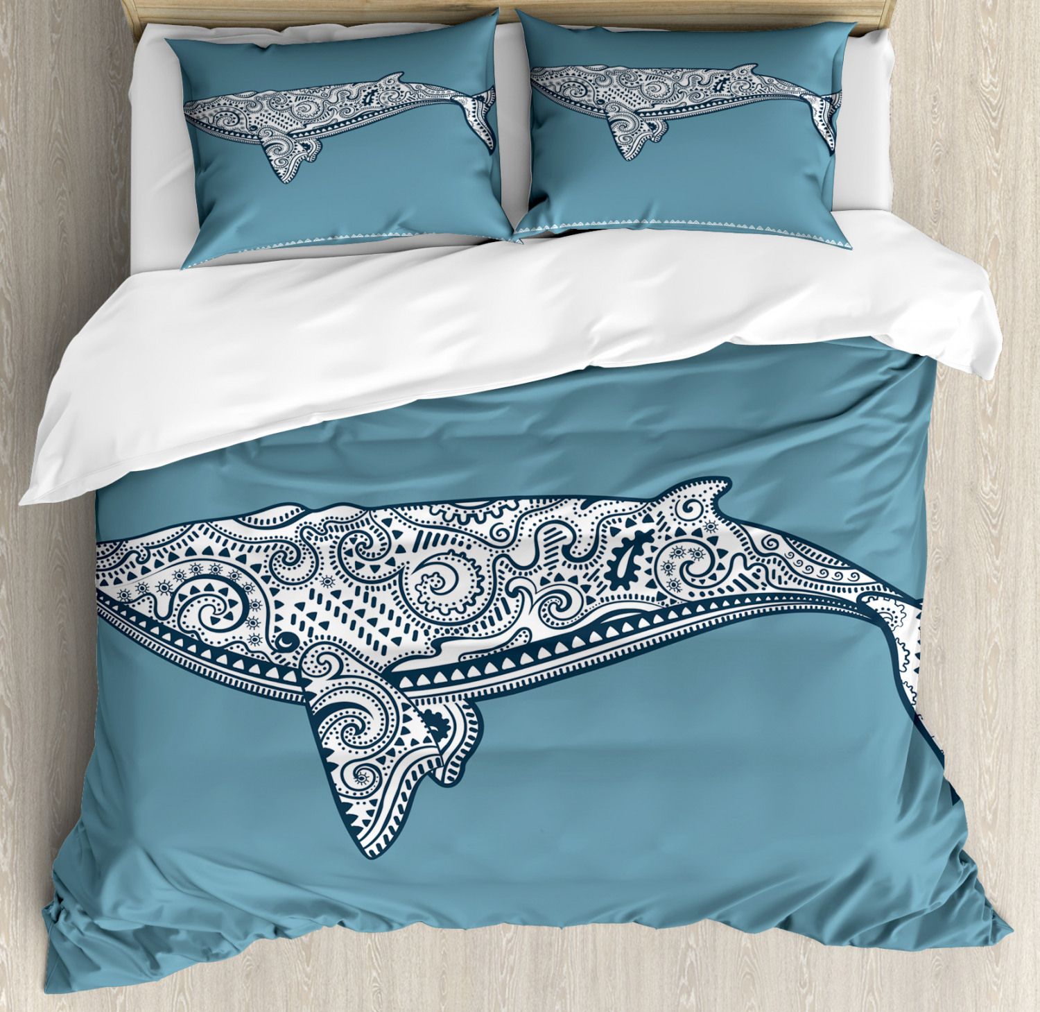Nautical Duvet Cover Set With Pillow Shams Ethnic Embellish Whale