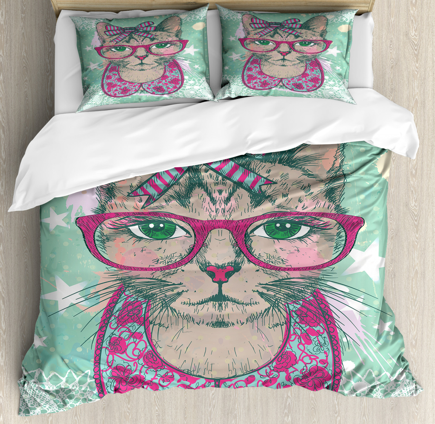 Cat Duvet Cover Set With Pillow Shams Animal Fashion Hipster Print