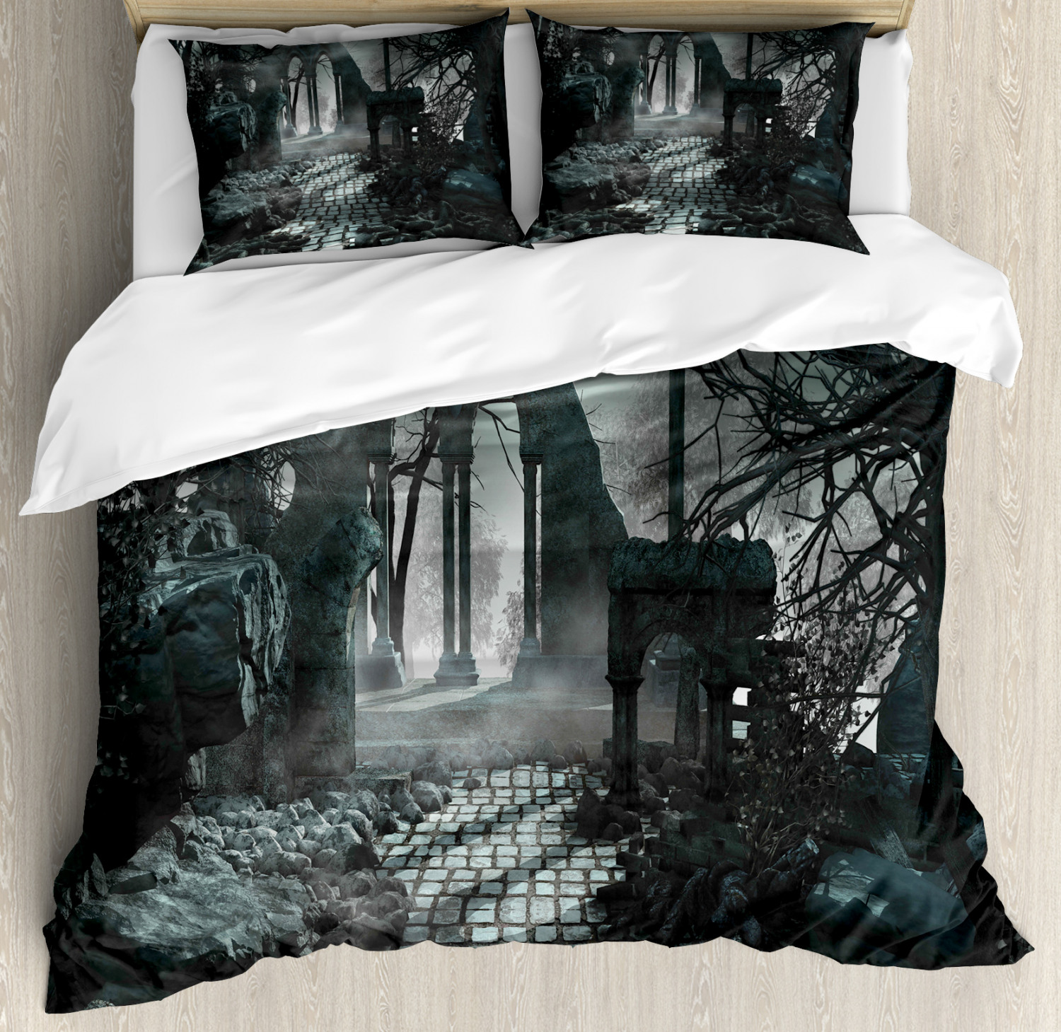 Gothic Duvet Cover Set With Pillow Shams Moon View In Scary Dark