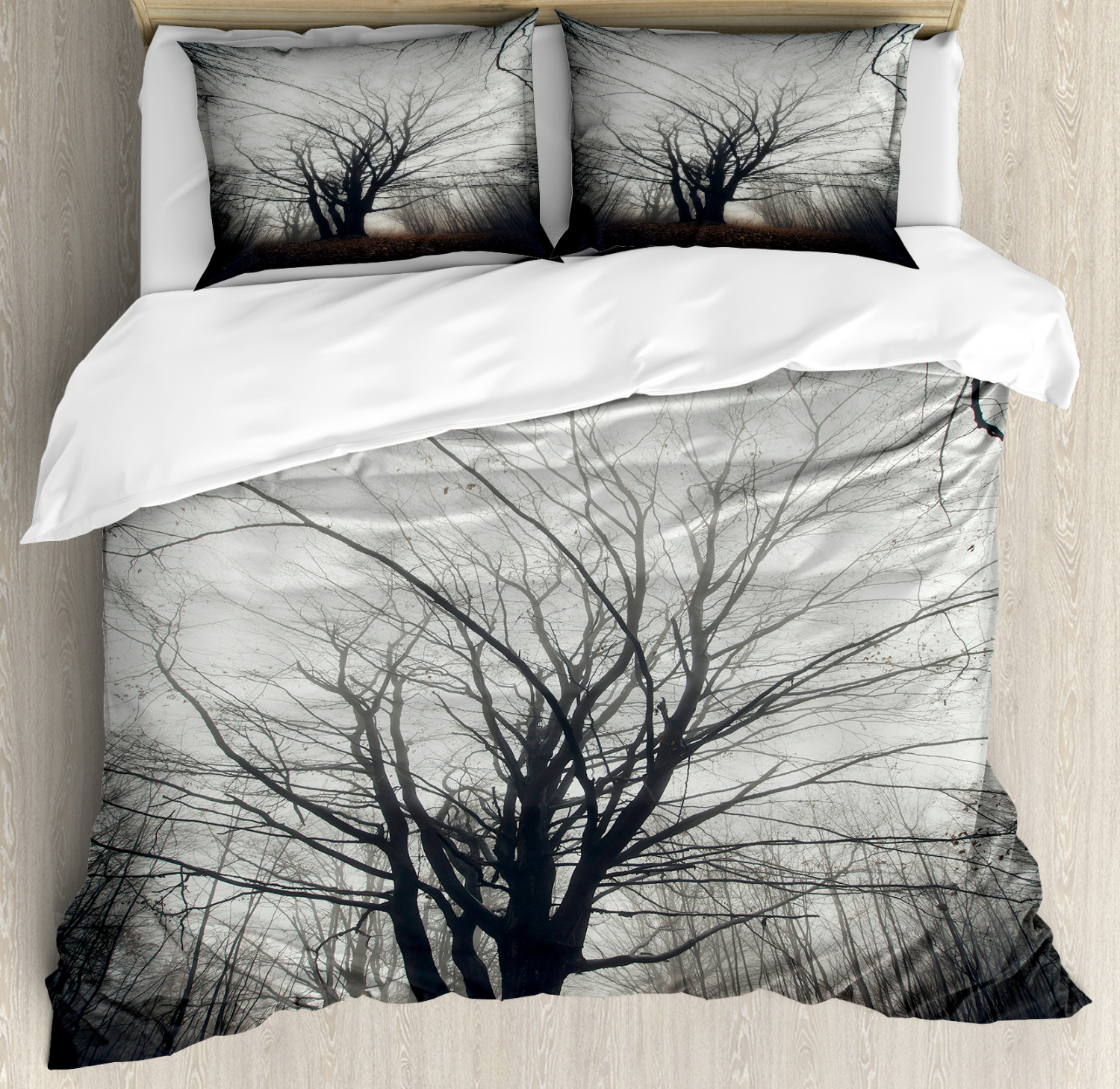 Nature Duvet Cover Set With Pillow Shams Autumn Tree In Fog Dark