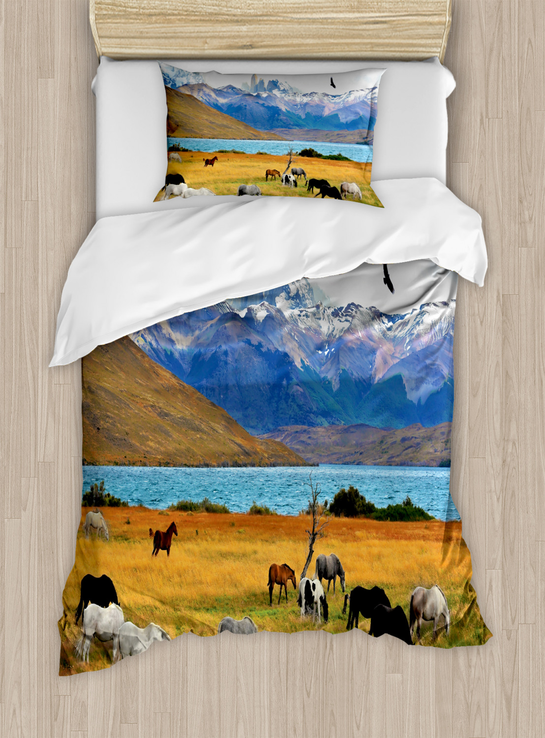 Horse Quilted Bedspread & Pillow Shams Set Landscape Rural Scene Print 