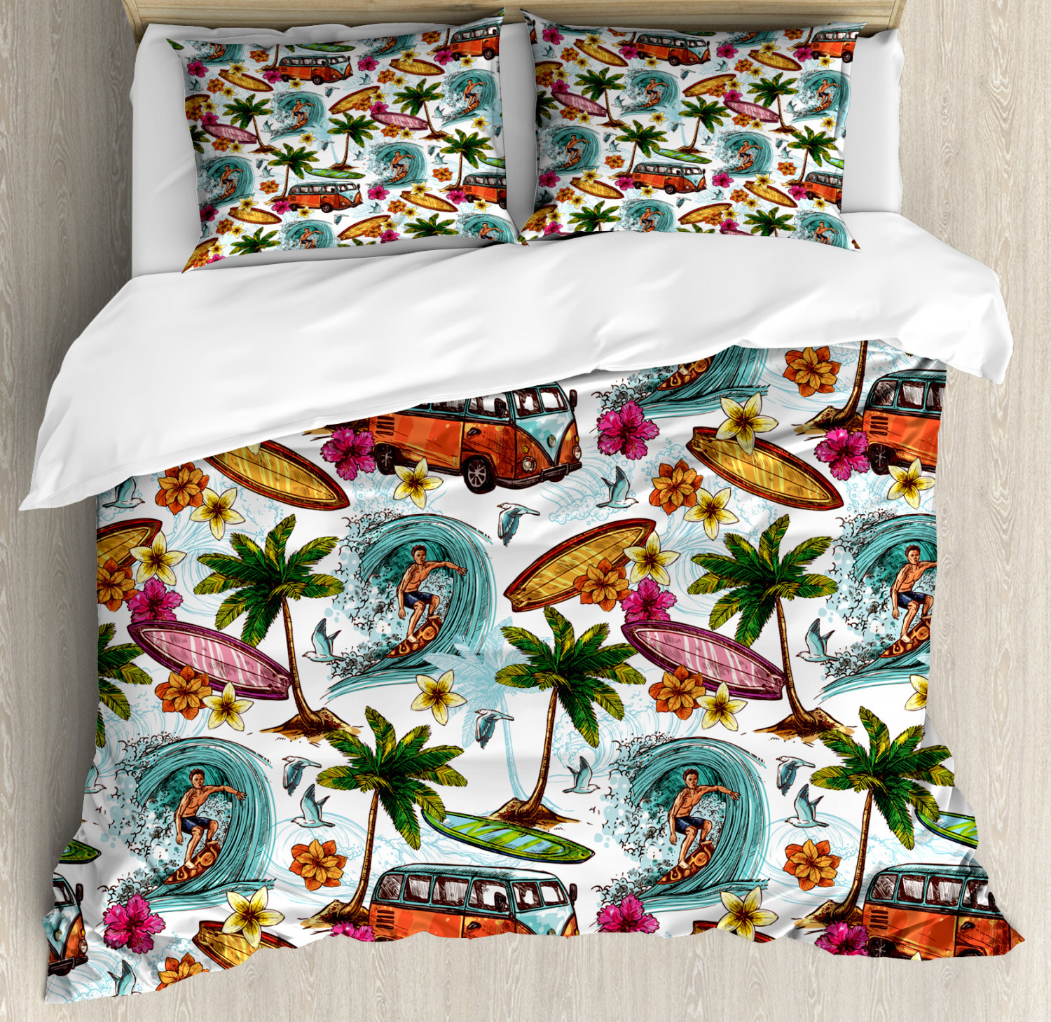 Hawaiian Duvet Cover Set With Pillow Shams Surfer On Wavy Sea