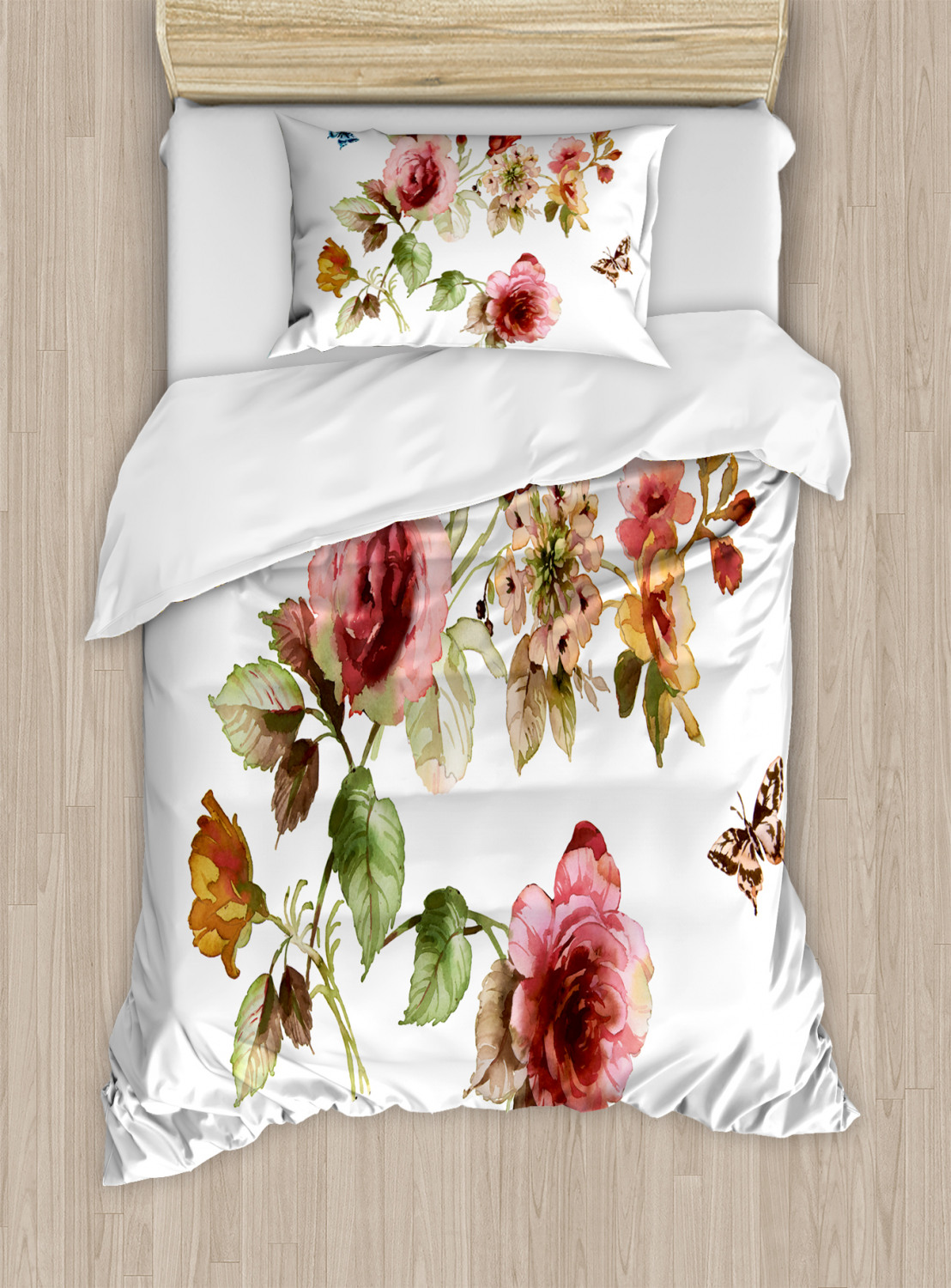Flower Duvet Cover Set with Pillow Shams Shabby Chic Roses Buds Print - Picture 7 of 8
