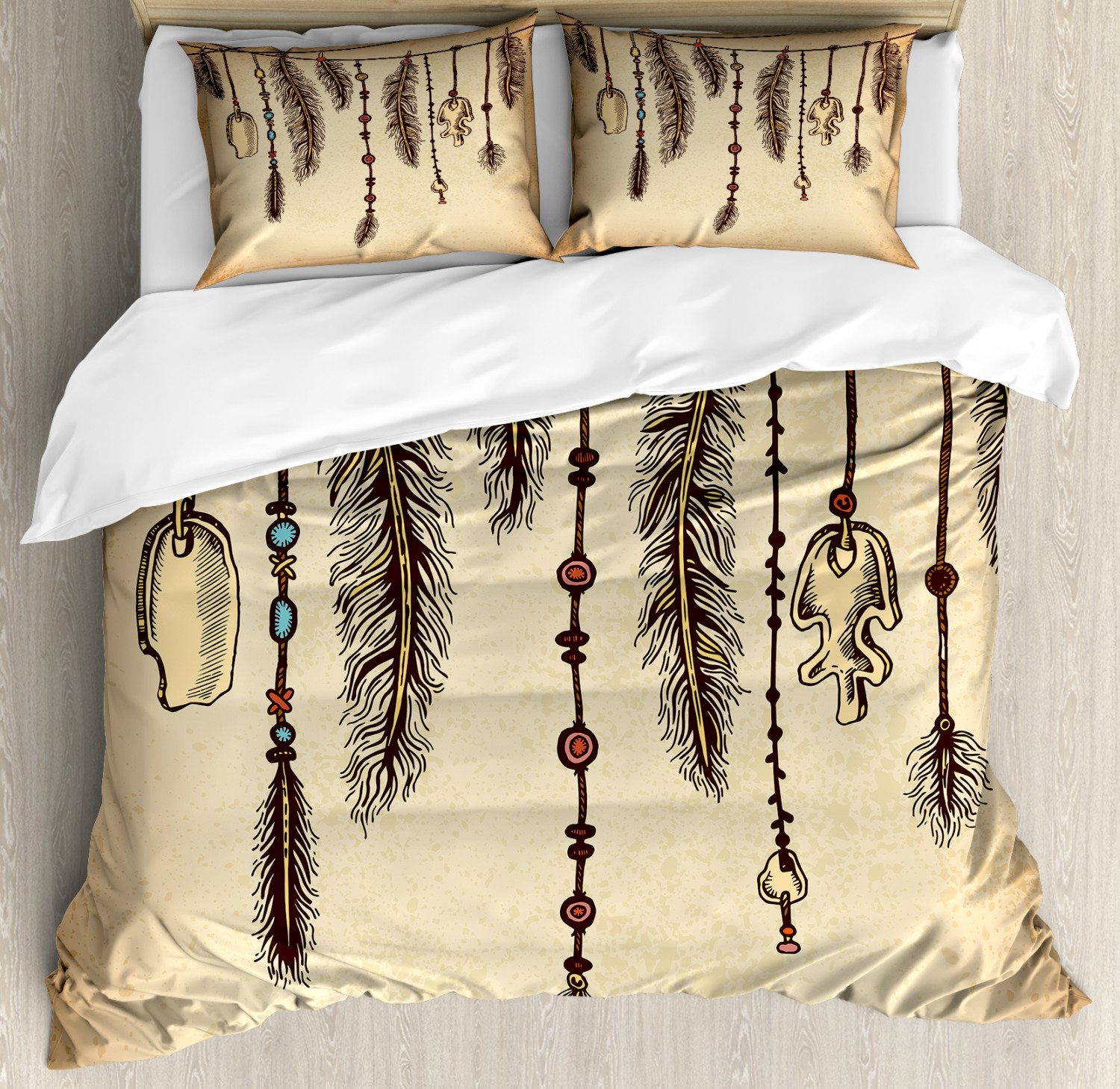 Tribal Duvet Cover Set With Pillow Shams Bohemian Feathers Print