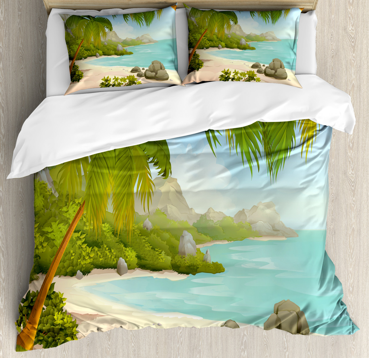 Tropical Duvet Cover Set With Pillow Shams Palm Trees And Rocks Image Is Loading Tropical Duvet Cover Set With Pillow Shams Palm