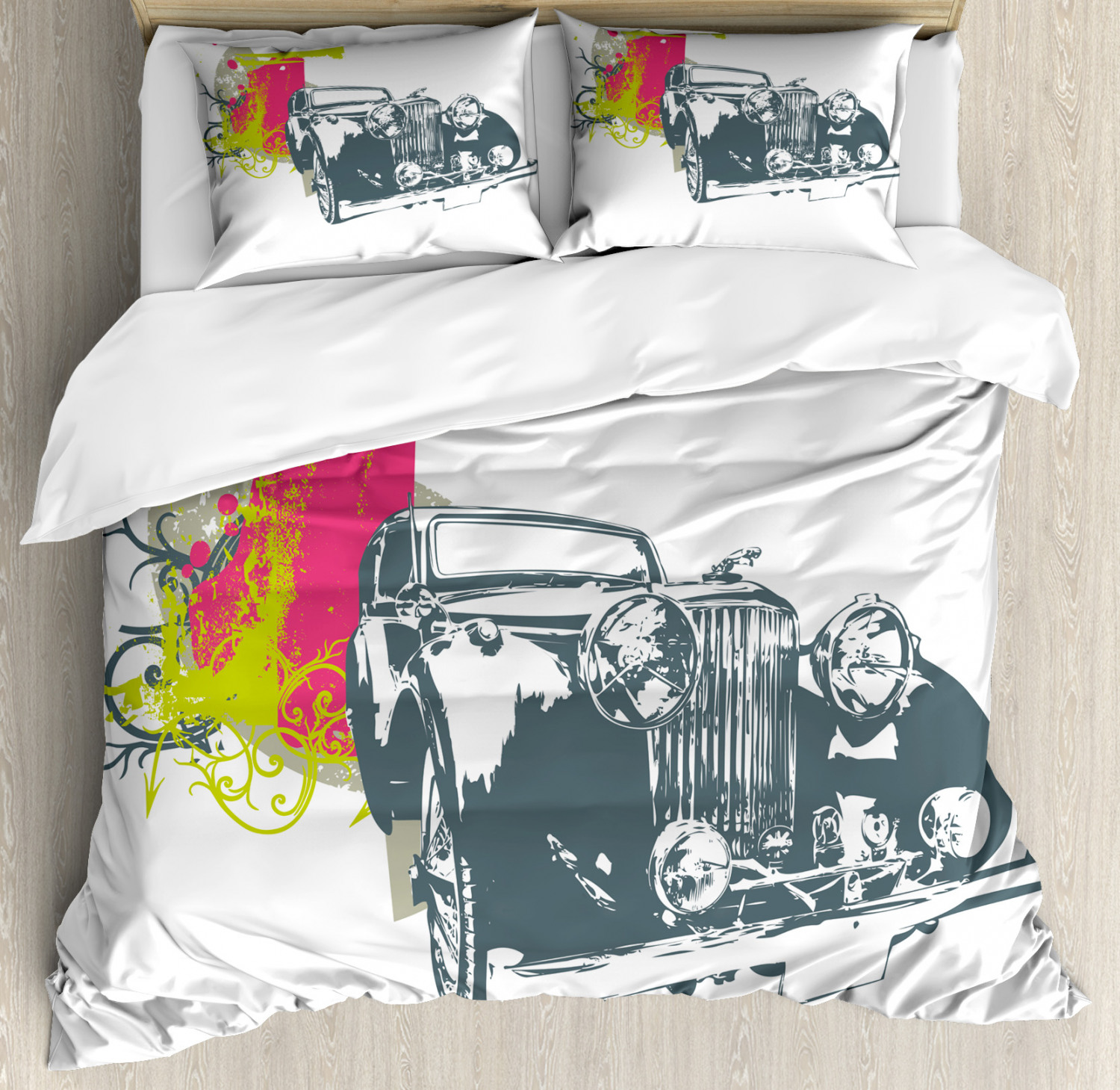 Vintage Duvet Cover Set With Pillow Shams Retro Pop Classic Car