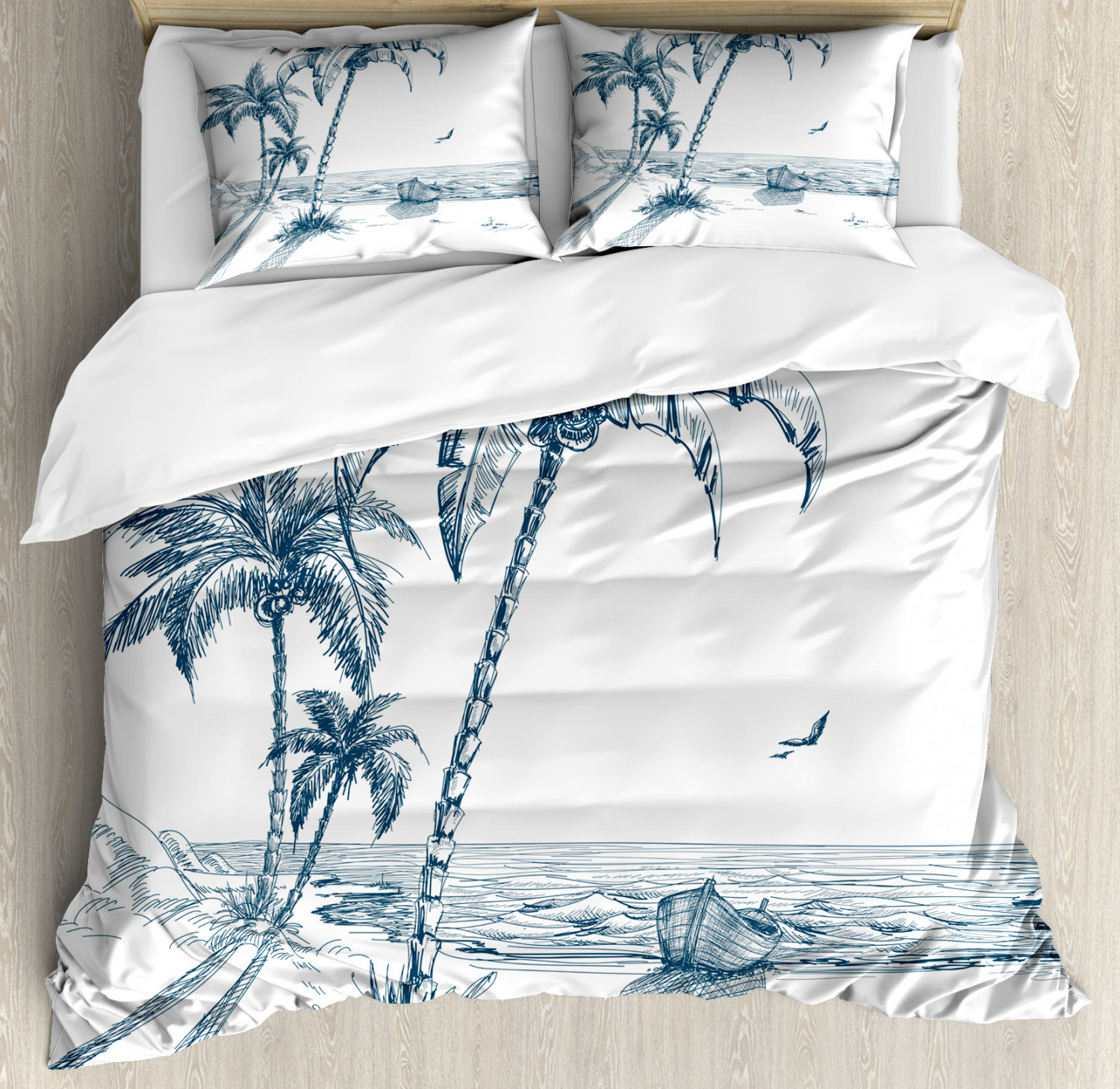 Island Duvet Cover Set With Pillow Shams Palm Tree Boat Sketch