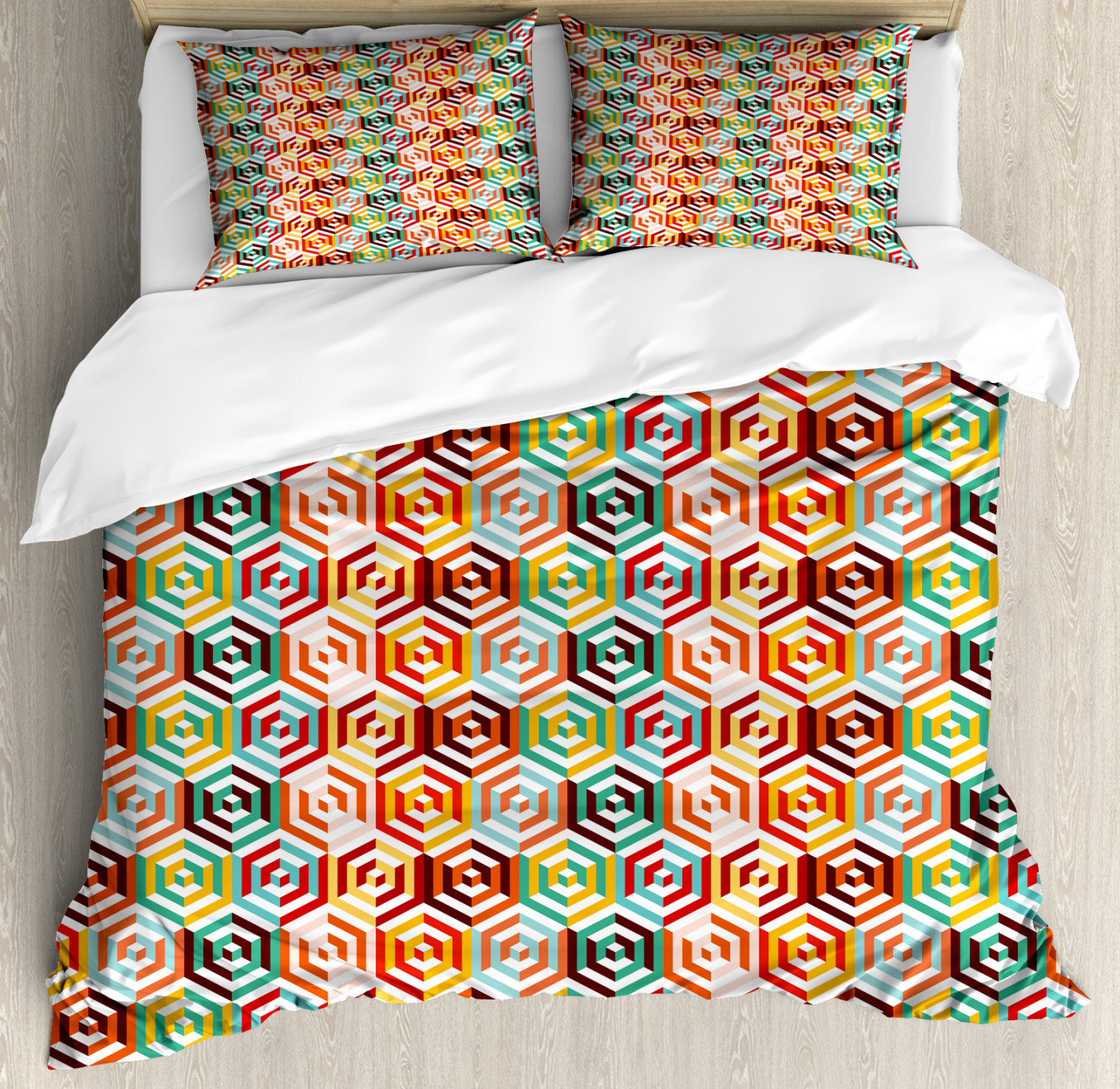 Geometric Duvet Cover Set with Pillow Shams Hexagonal Shape Retro Print