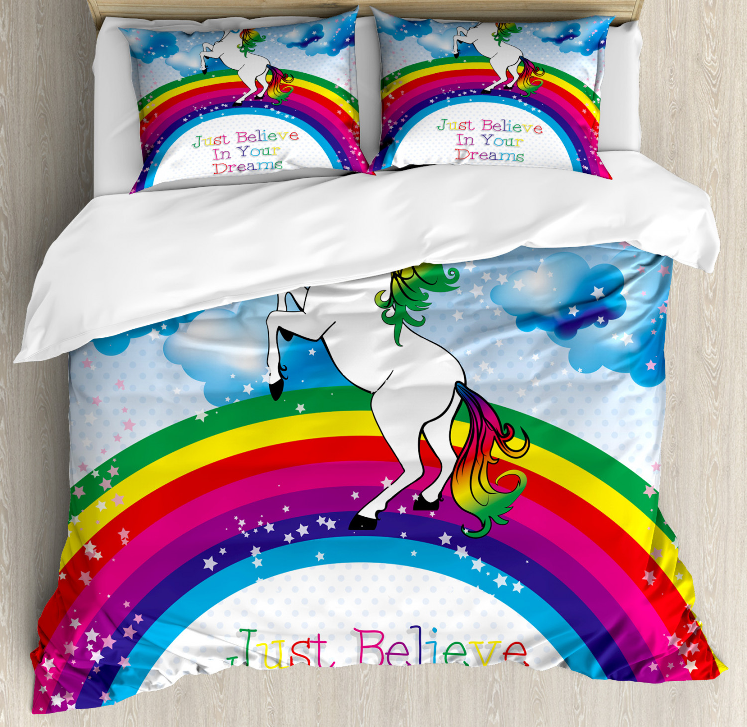 Kids Duvet Cover Set With Pillow Shams Unicorn Rainbow Fantasy