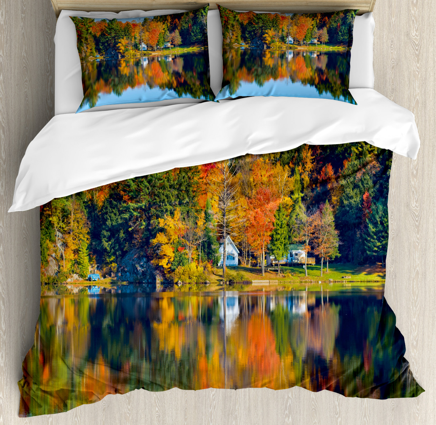 Landscape King Size Duvet Cover Set Lake House in Autumn with 2 Pillow Shams Landscape King Size Duvet Cover Set Lake House in Autumn with 2 Pillow Shams