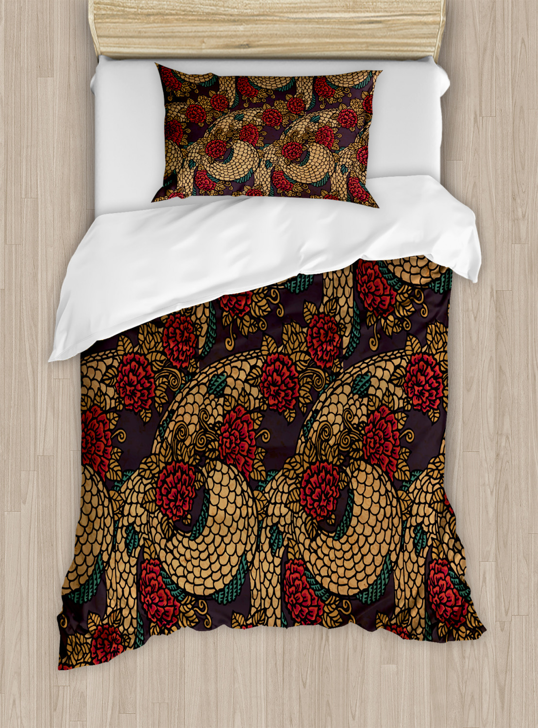 Asian Duvet Cover Set with Pillow Shams Traditional Roses Dragon Print