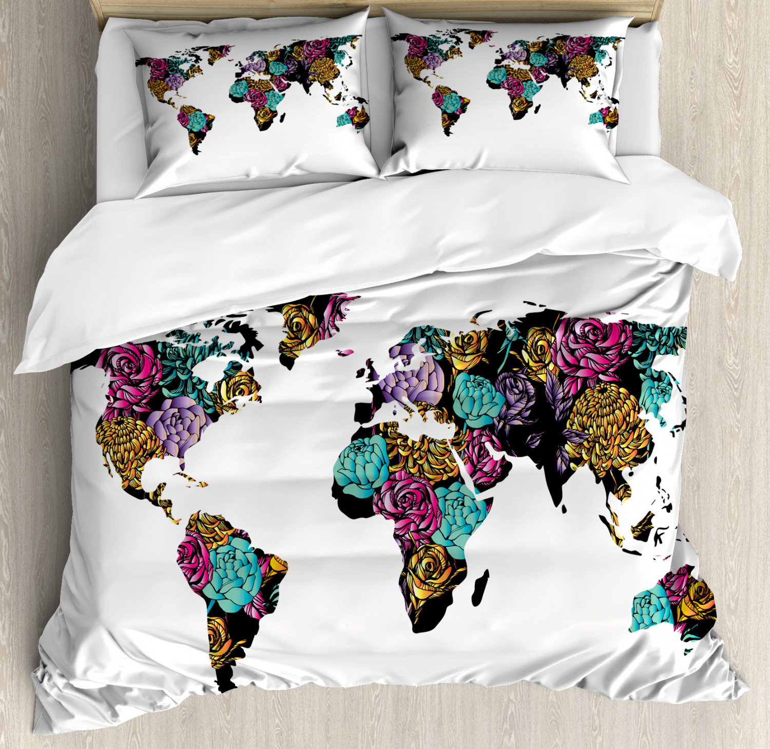 Shabby Chic King Size Duvet Cover Set World Map Flowers With 2