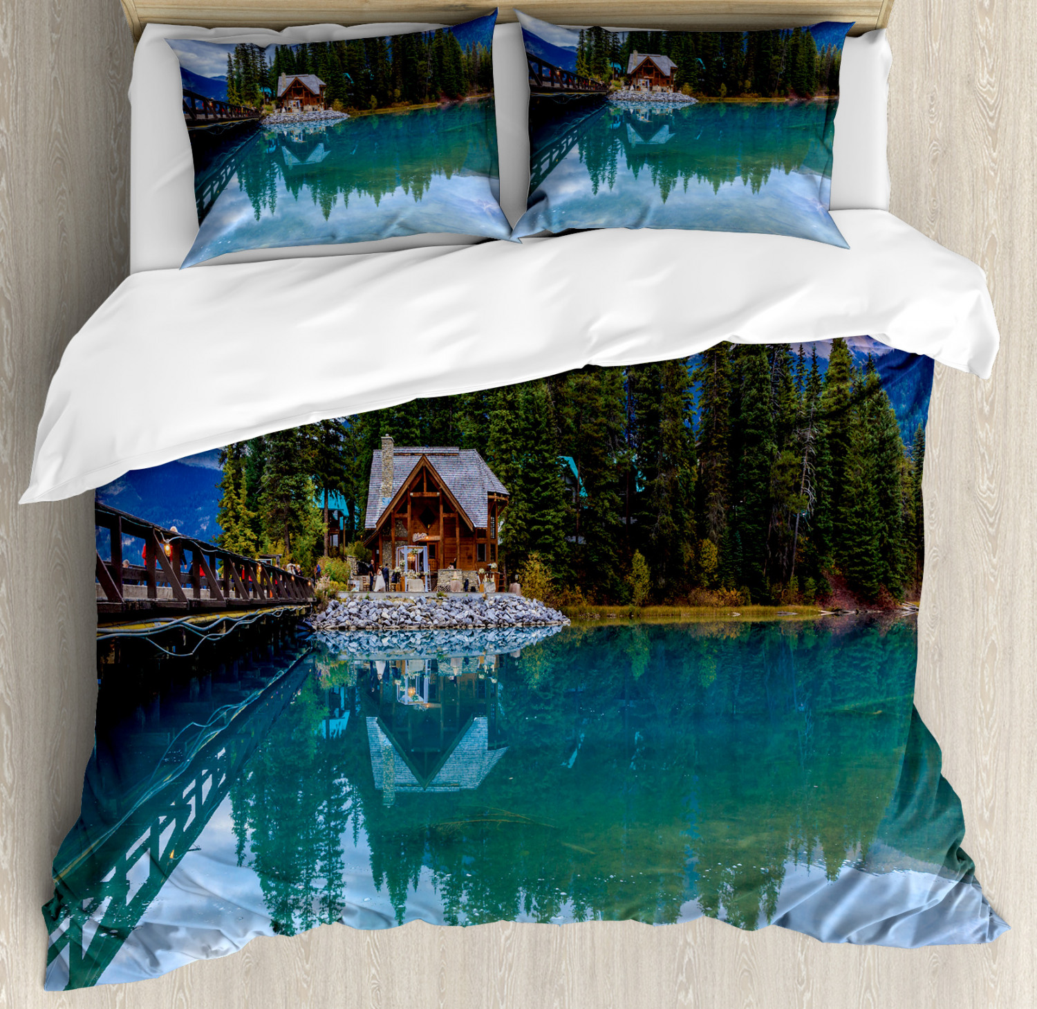 Wooden Duvet Cover Set with Pillow Shams Lake Scenery Cottage Print eBay