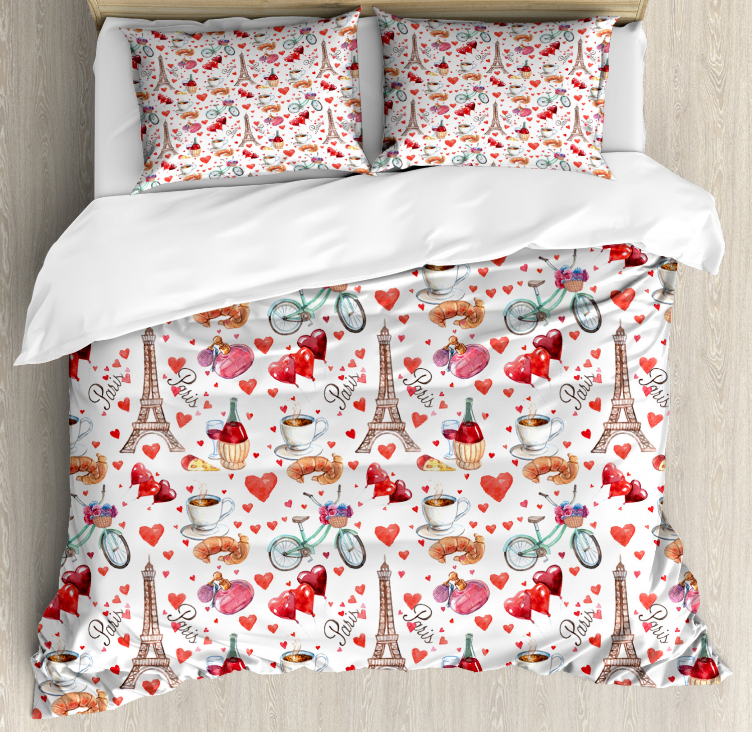 Romantic Duvet Cover Set with Pillow Shams Paris Valentines Day Print