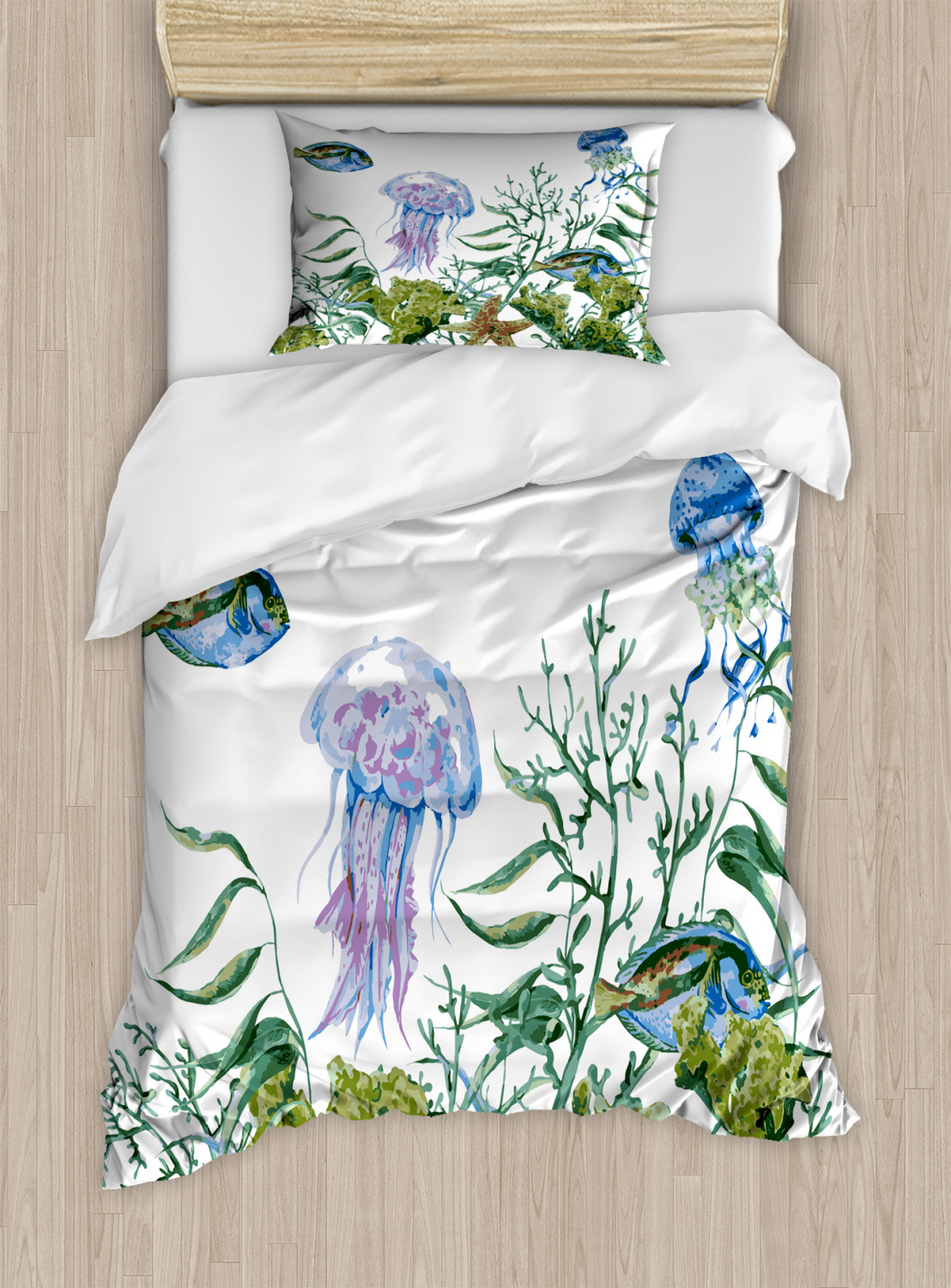 Ocean Duvet Cover Set with Pillow Shams Seaweed Jellyfish Fish Print - Picture 7 of 8