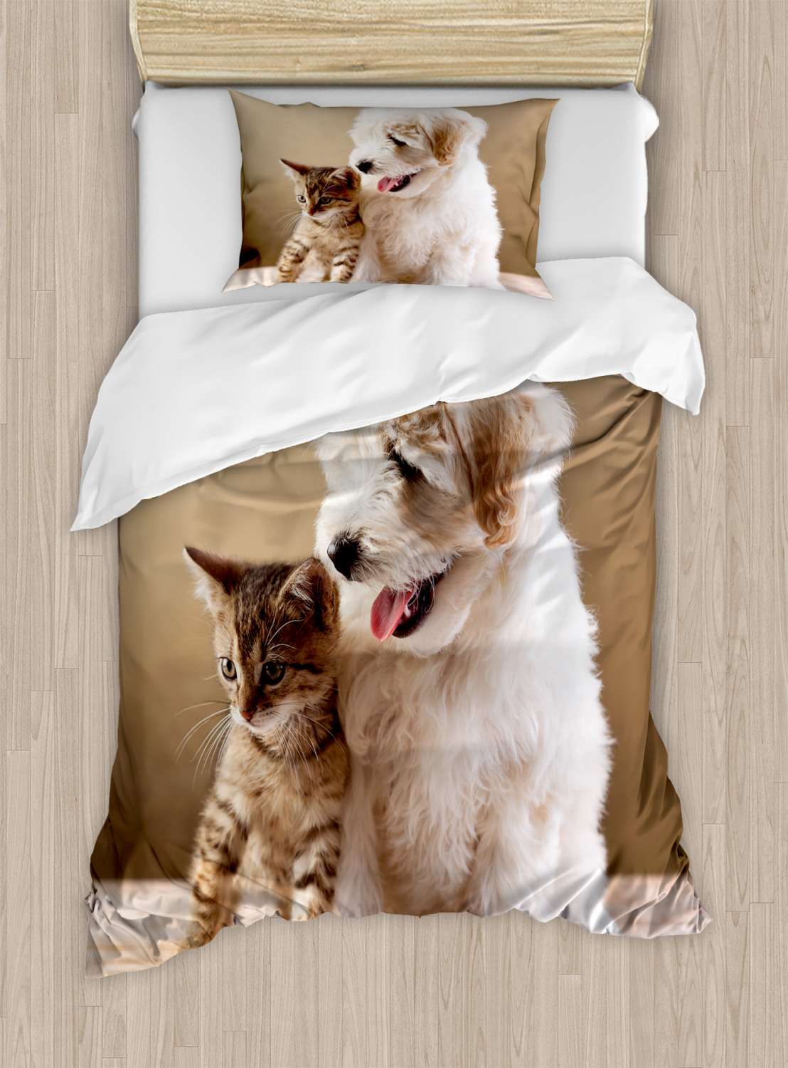 Animal Duvet Cover Set with Pillow Shams Kitten And Dog Friends Print