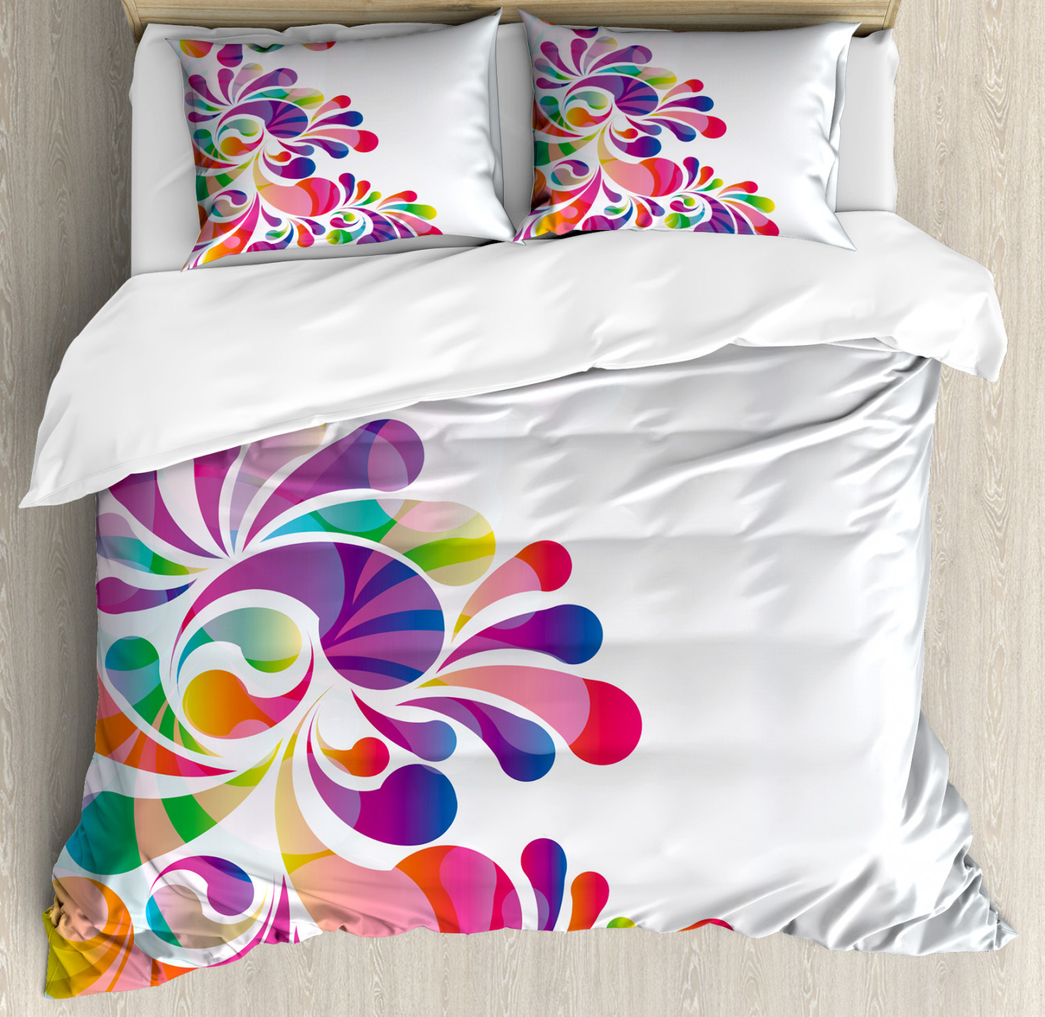 Colorful Duvet Cover Set with Pillow Shams Curvy Floral Design Print