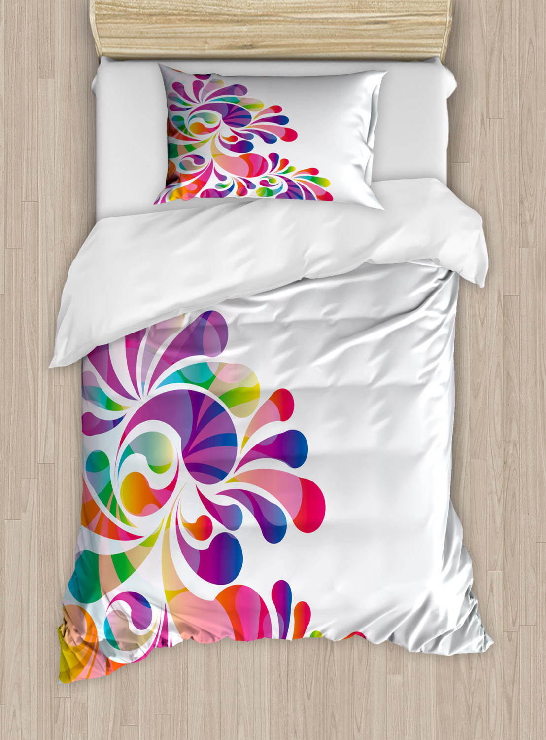 Colorful Duvet Cover Set with Pillow Shams Curvy Floral Design Print