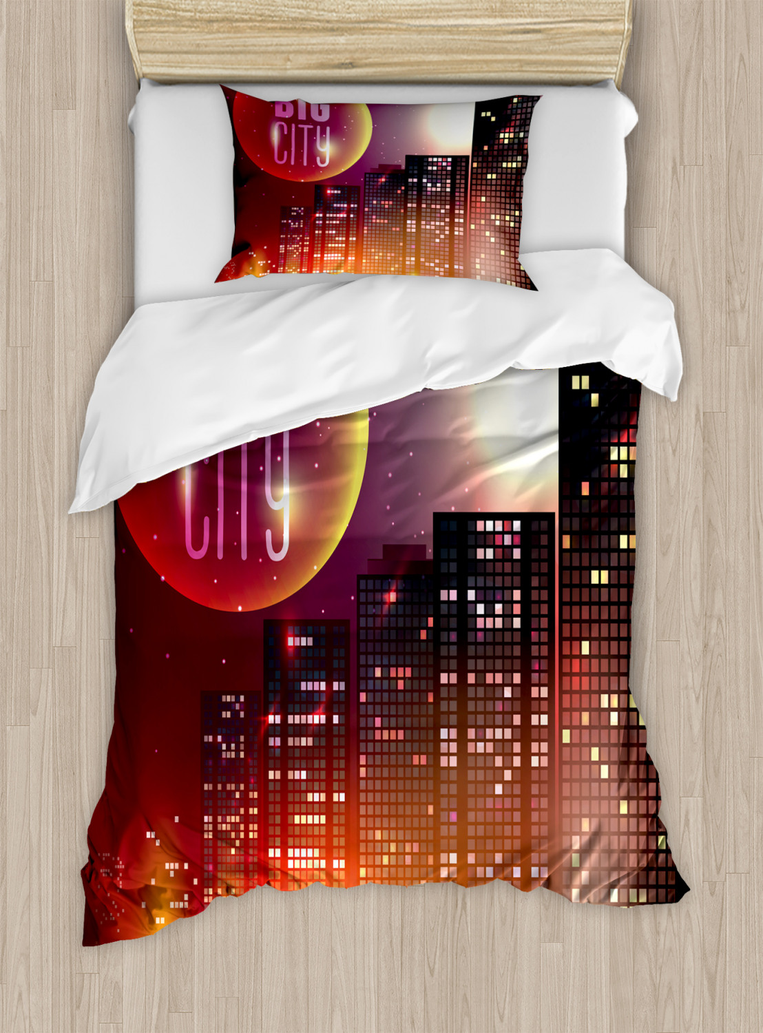 Modern Duvet Cover Set With Pillow Shams Urban City Night Skyline