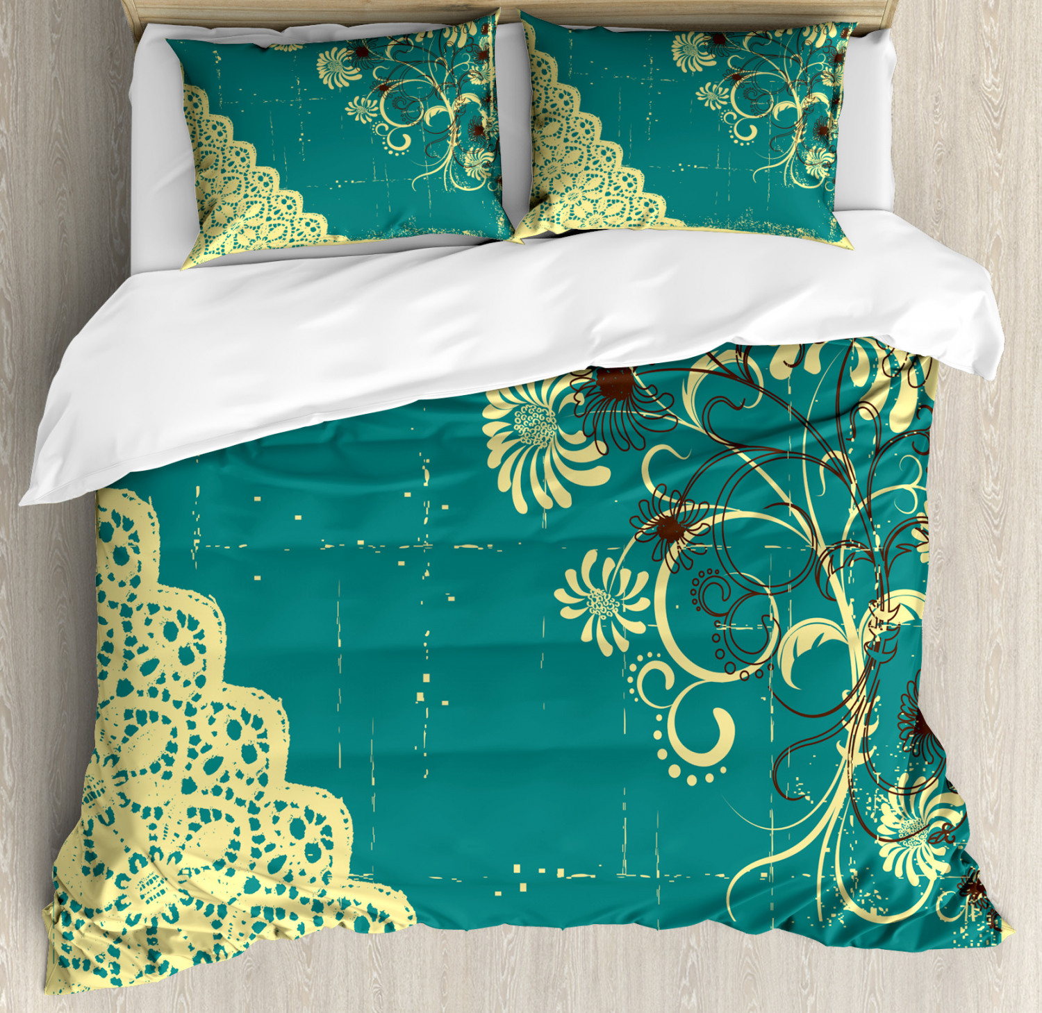 Abstract Duvet Cover Set With Pillow Shams Retro Flora Lace Frame