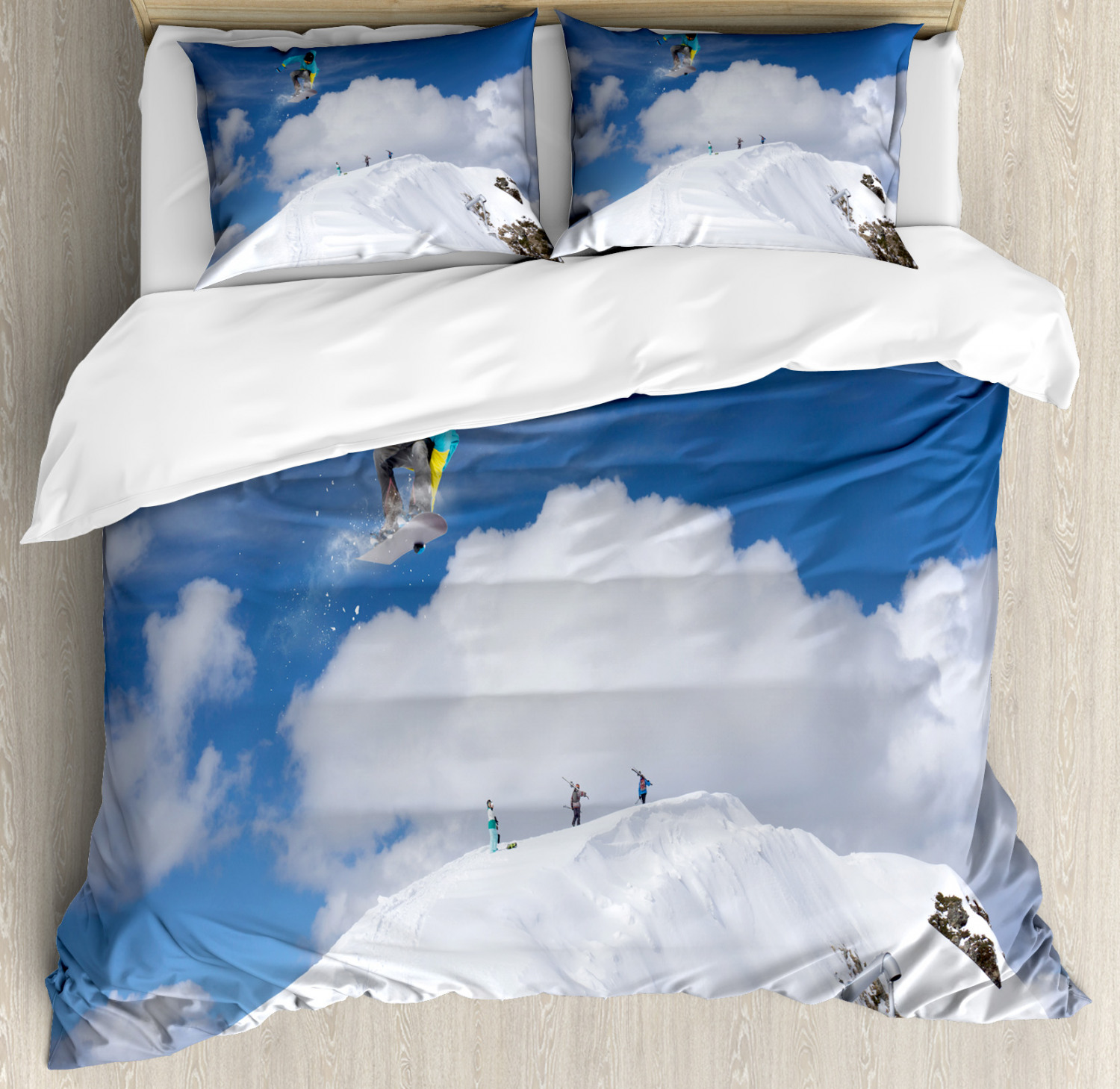 Winter Duvet Cover Set with Pillow Shams Snowboarder Mountaintop Print