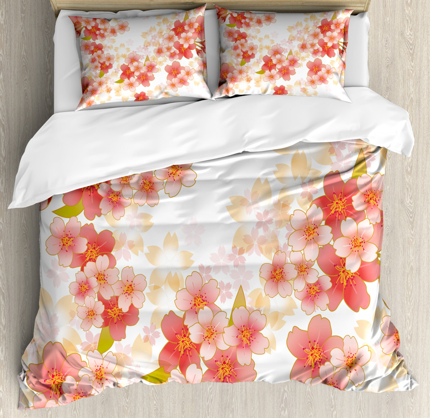 Japanese Duvet Cover Set With Pillow Shams Vibrant Sakura Flowers