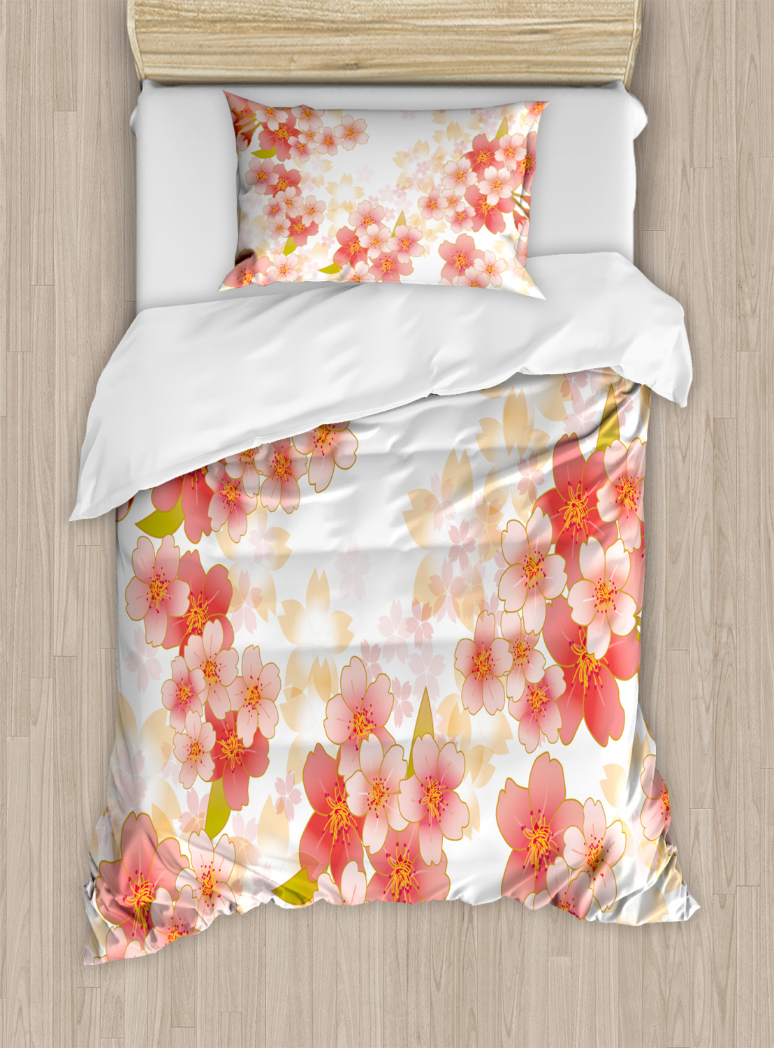Japanese Duvet Cover Set With Pillow Shams Vibrant Sakura Flowers