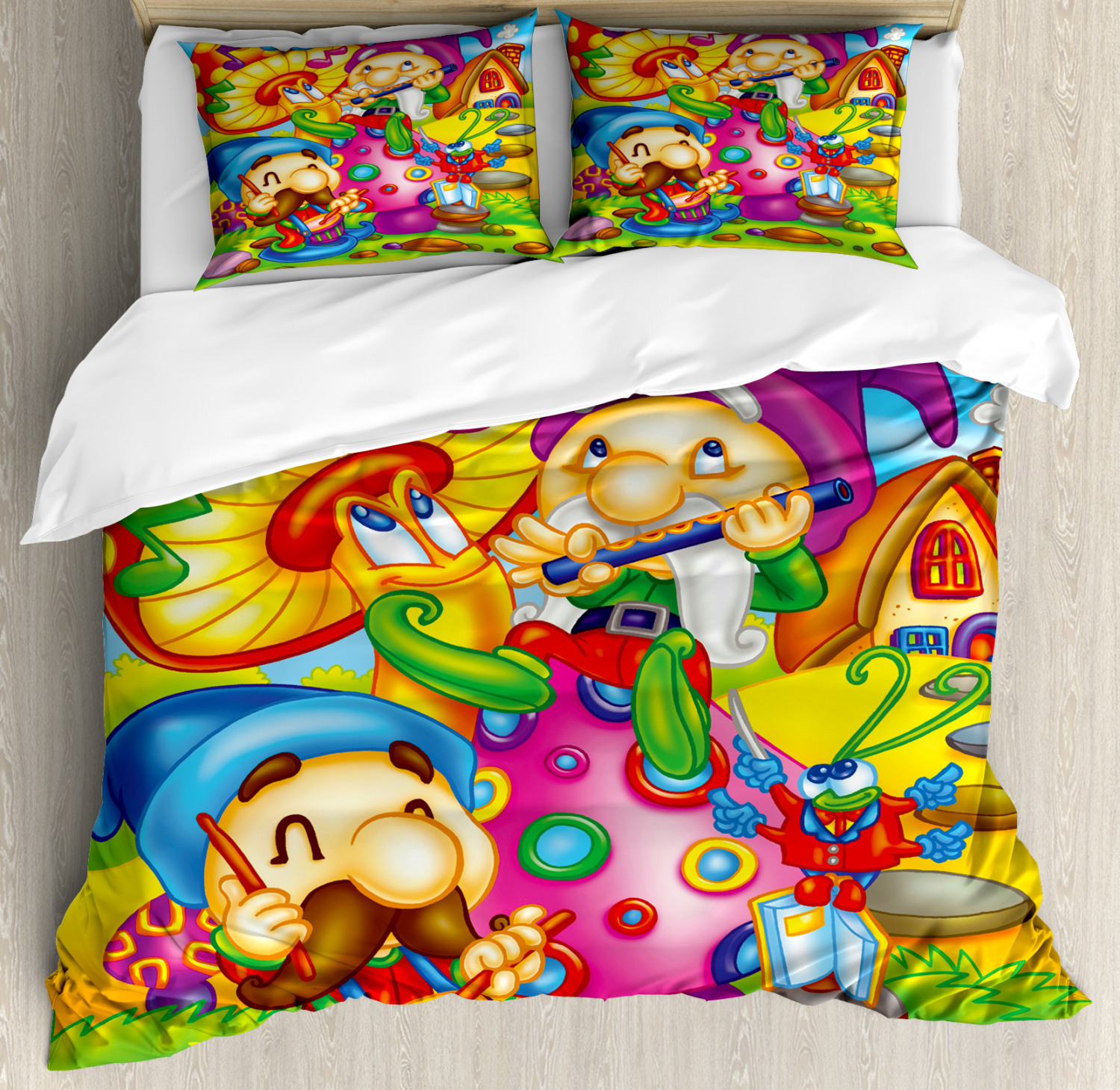 Kids Duvet Cover Set With Pillow Shams Cartoon Singing Elves Art