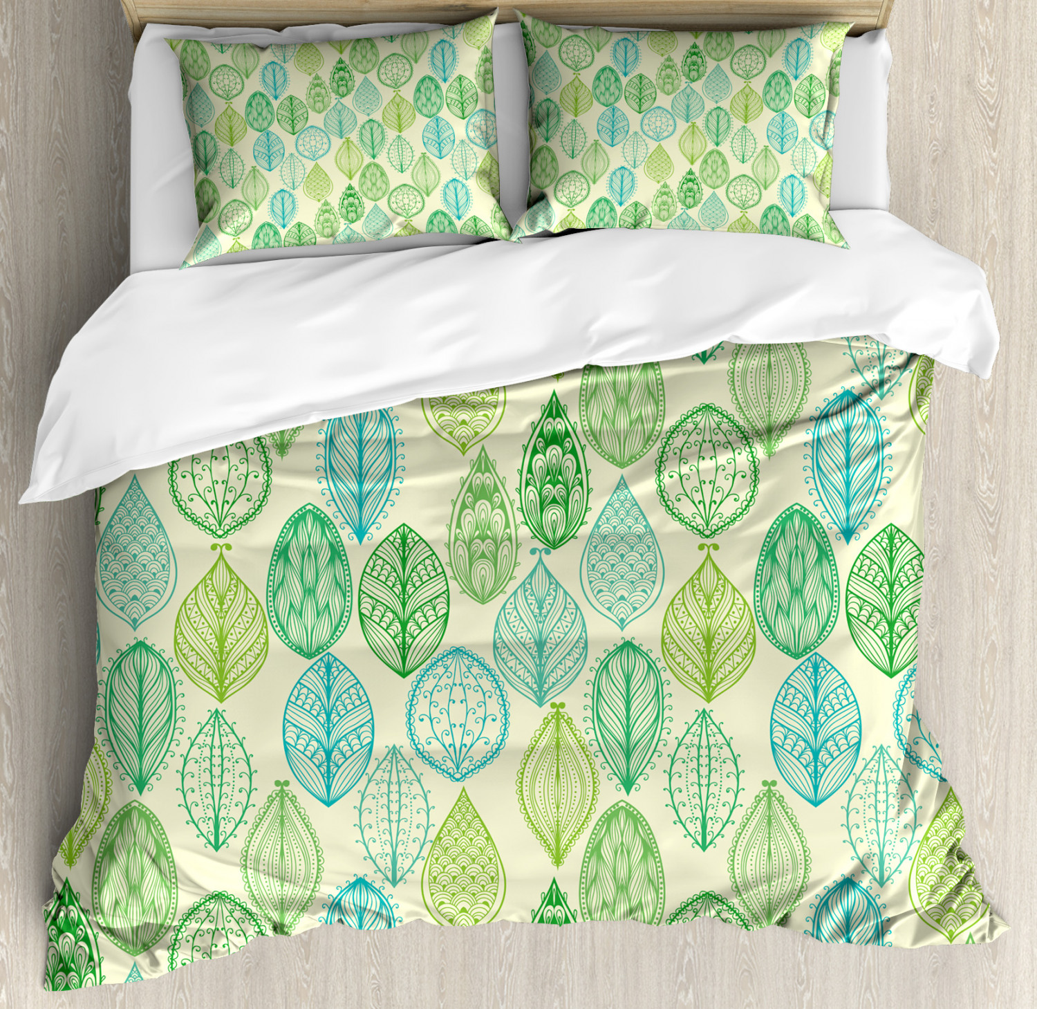 NATURE DUVET COVER Set with Pillow Shams Leaves Forest Pattern Print
