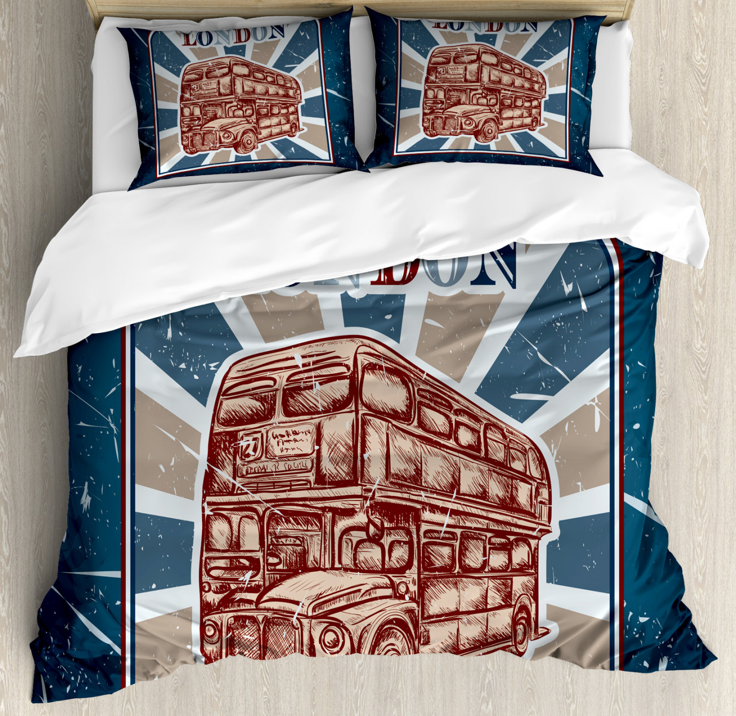 Vintage Duvet Cover Set With Pillow Shams English Bus Grunge Art