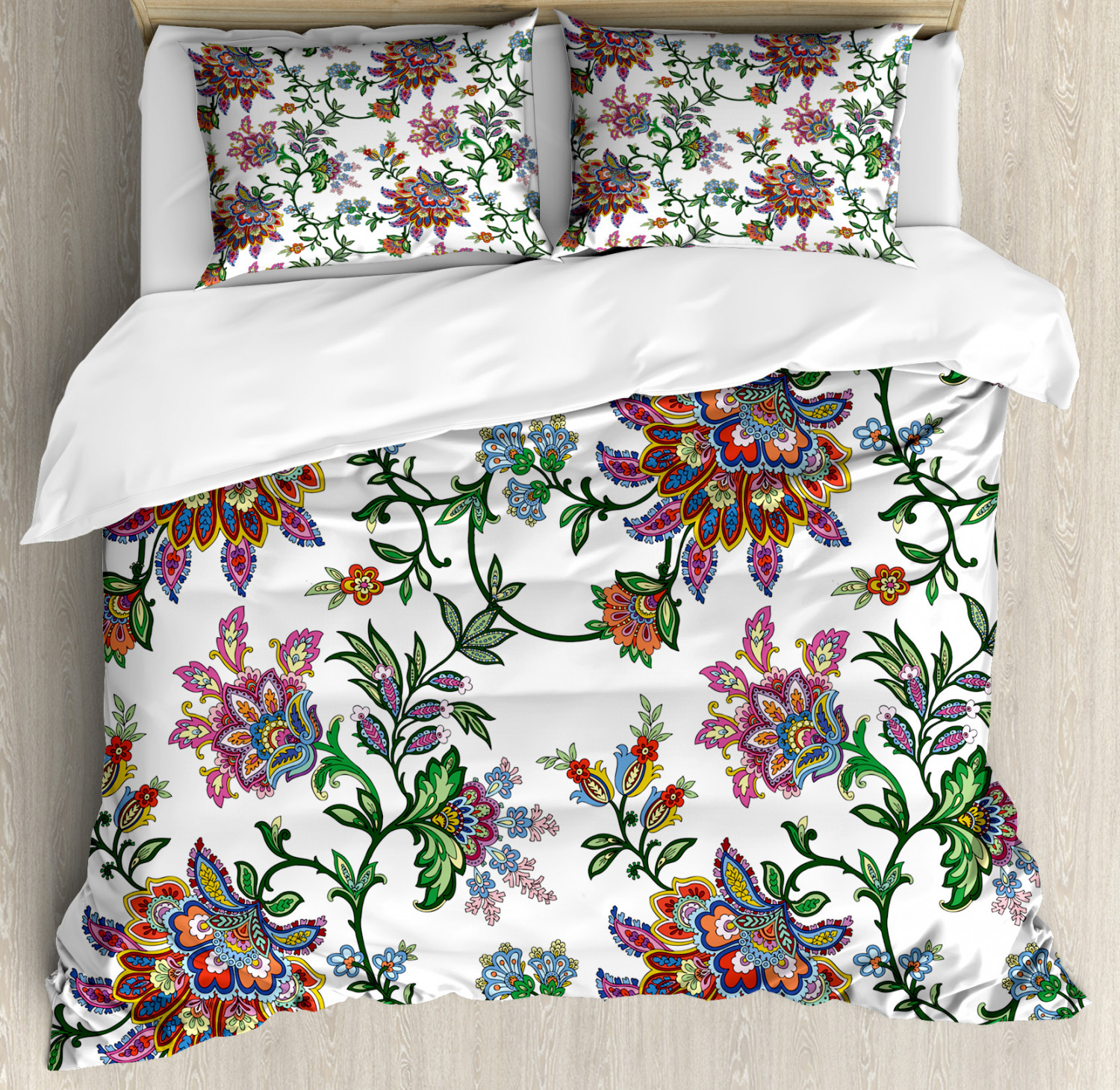 Flower Duvet Cover Set with Pillow Shams Vintage Floral Ornaments Print ...