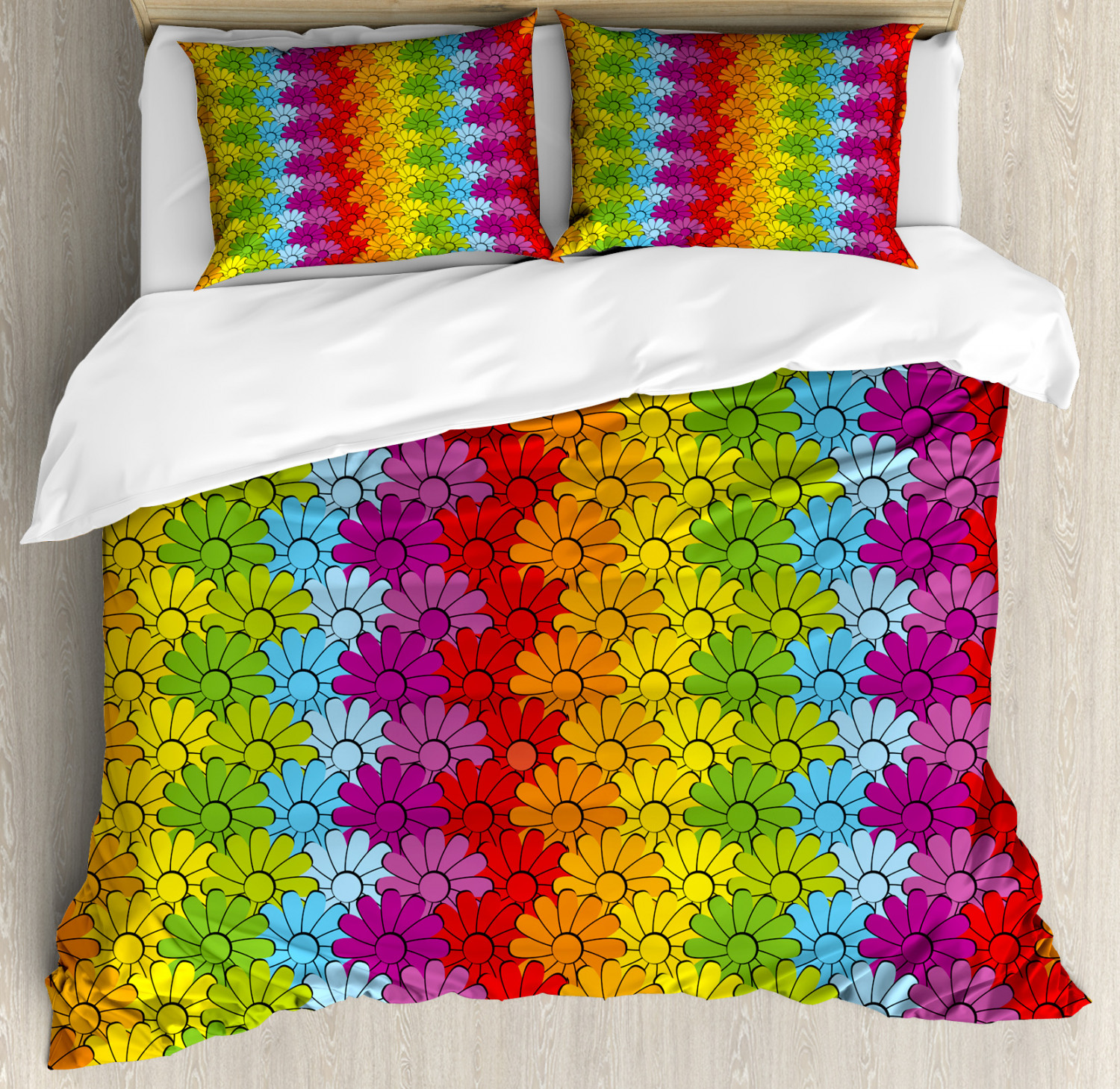 Floral Duvet Cover Set With Pillow Shams Rainbow Colored Flowers