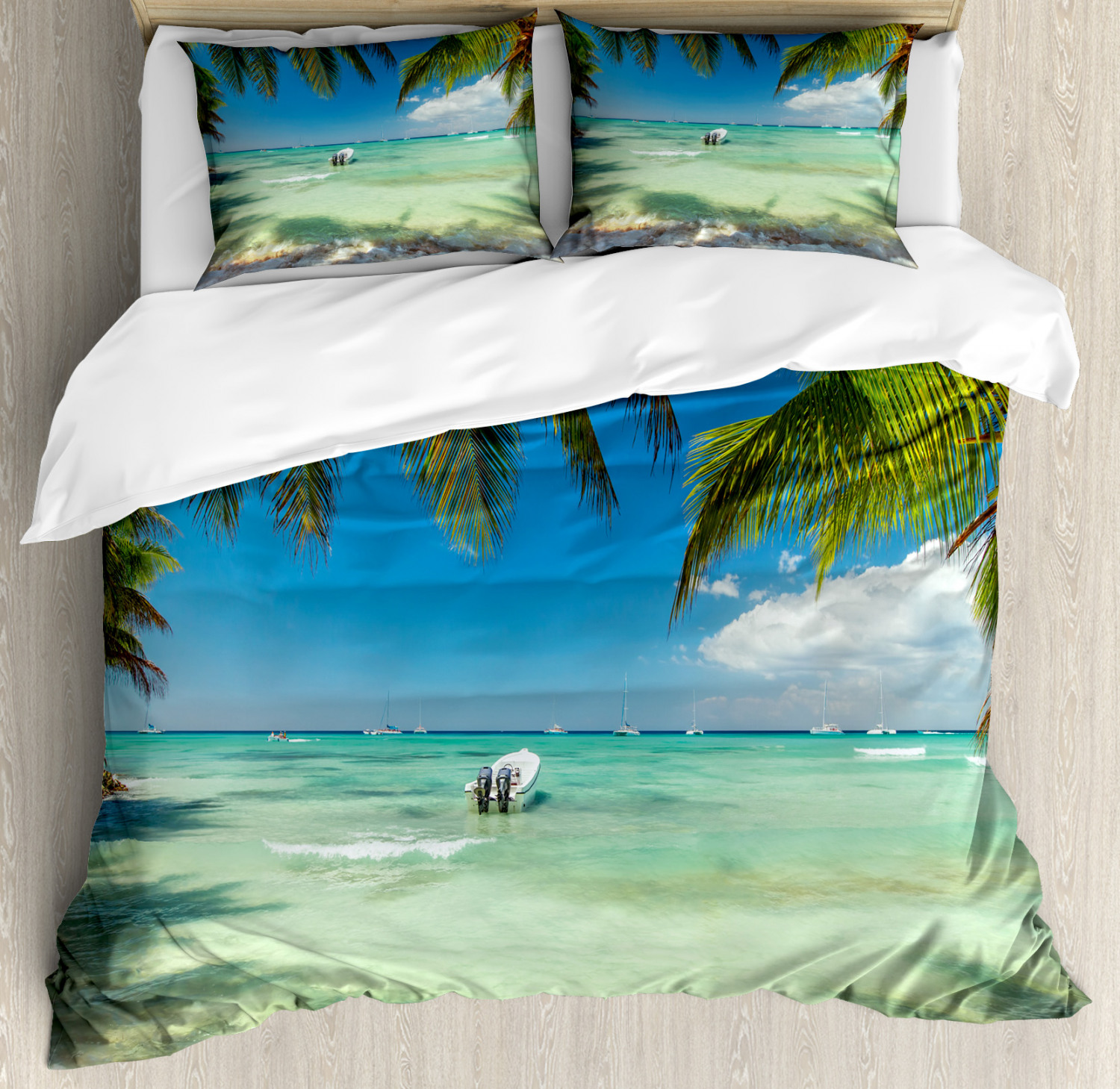 Tropical Duvet Cover Set With Pillow Shams Surreal Sea Palm Tree