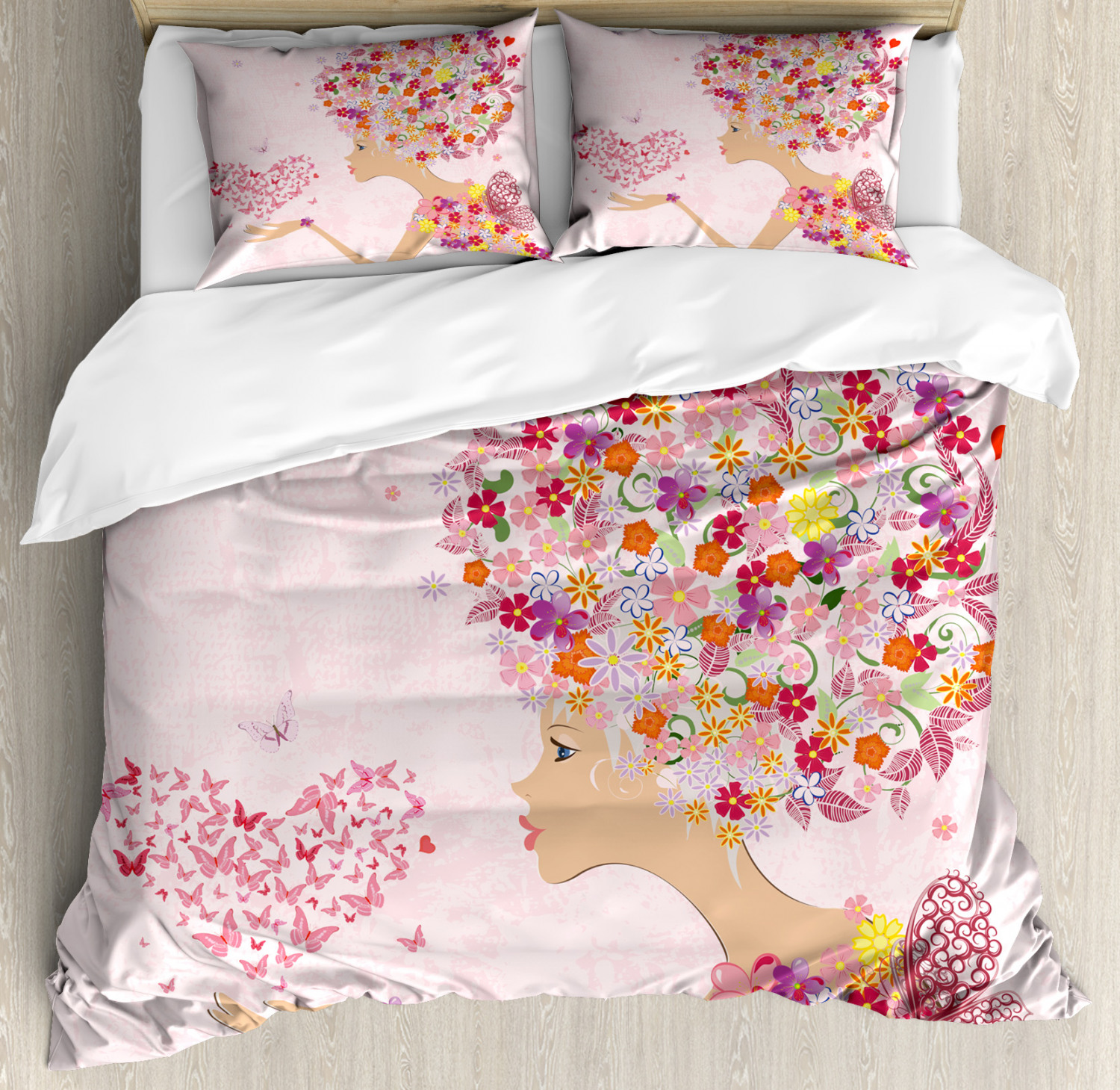 Pink Duvet Cover Set with Pillow Shams Flowers Girl Butterflies Print