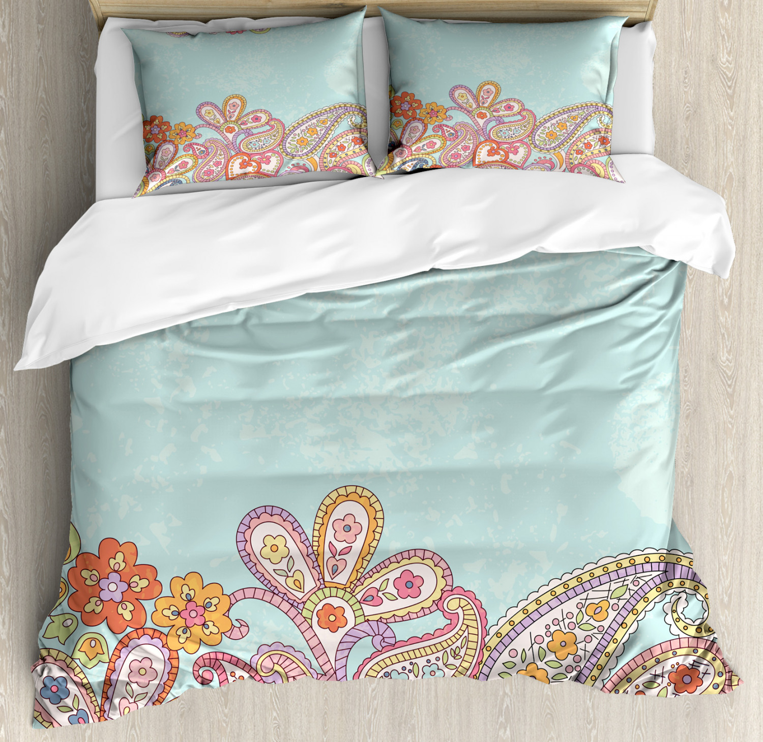 Floral Duvet Cover Set With Pillow Shams Hand Drawn Retro Paisley