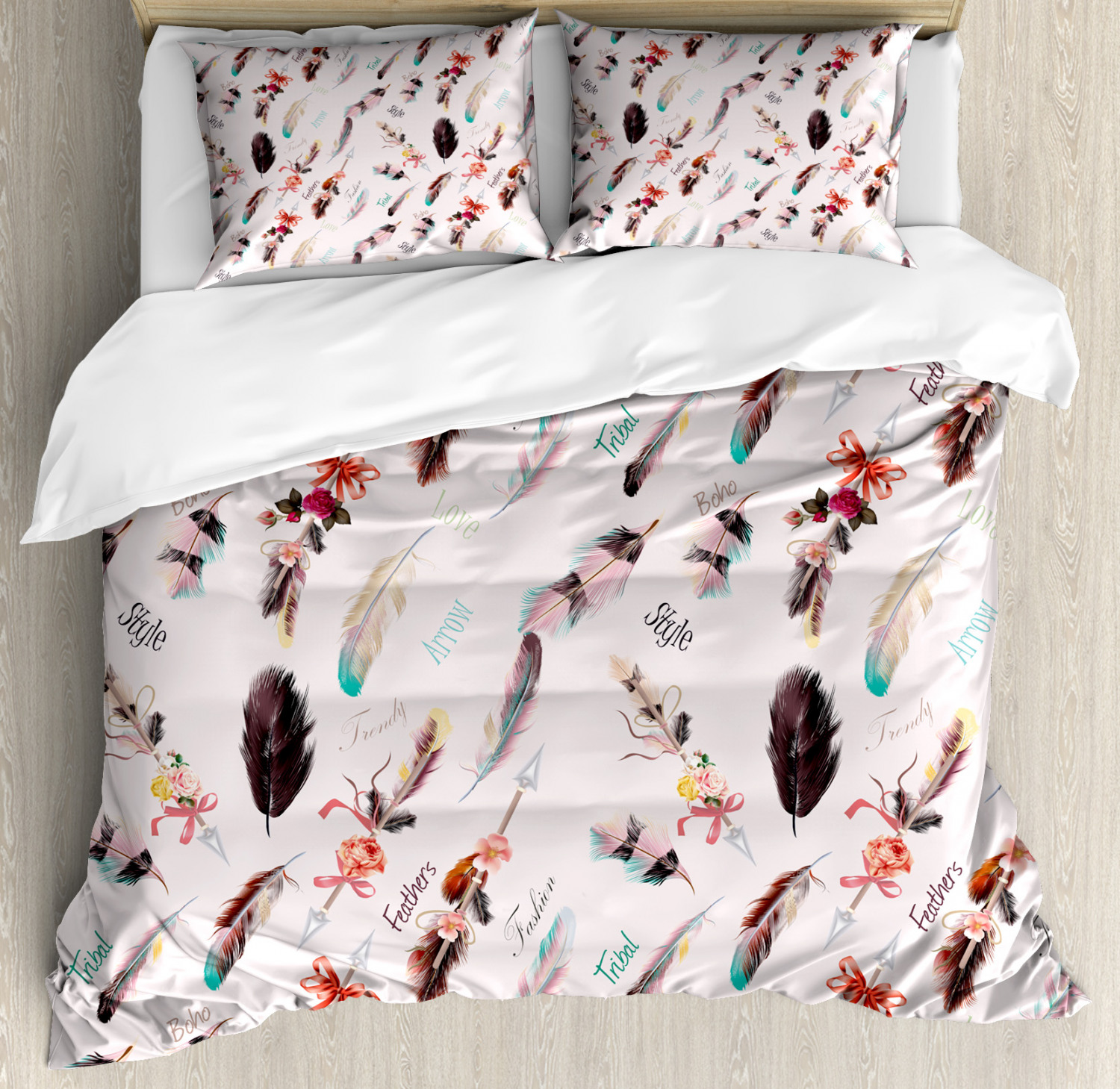 Boho Duvet Cover Set With Pillow Shams Ethnic Fashion Feathers