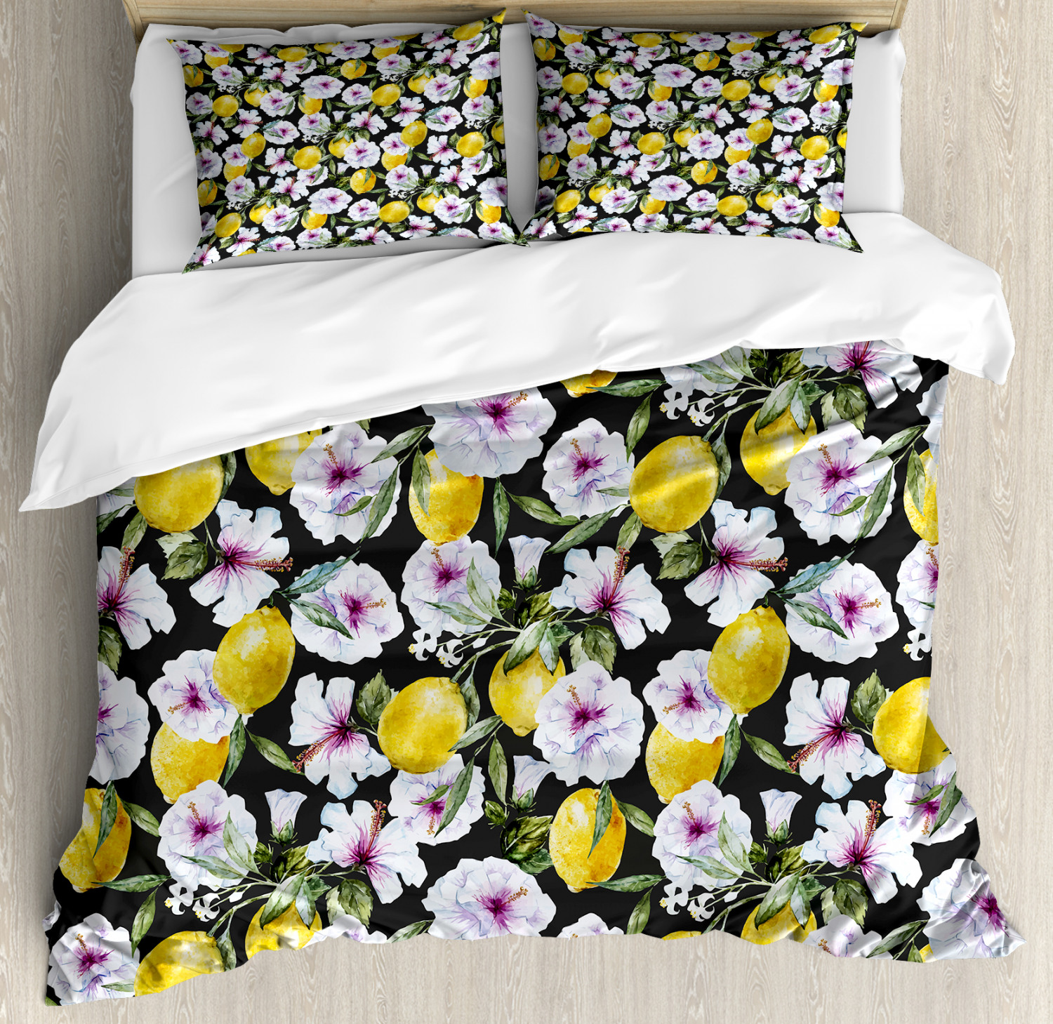 Tropical Duvet Cover Set with Pillow Shams Hibiscus Petals Lemons Print Tropical Duvet Cover Set with Pillow Shams Hibiscus Petals Lemons Print
