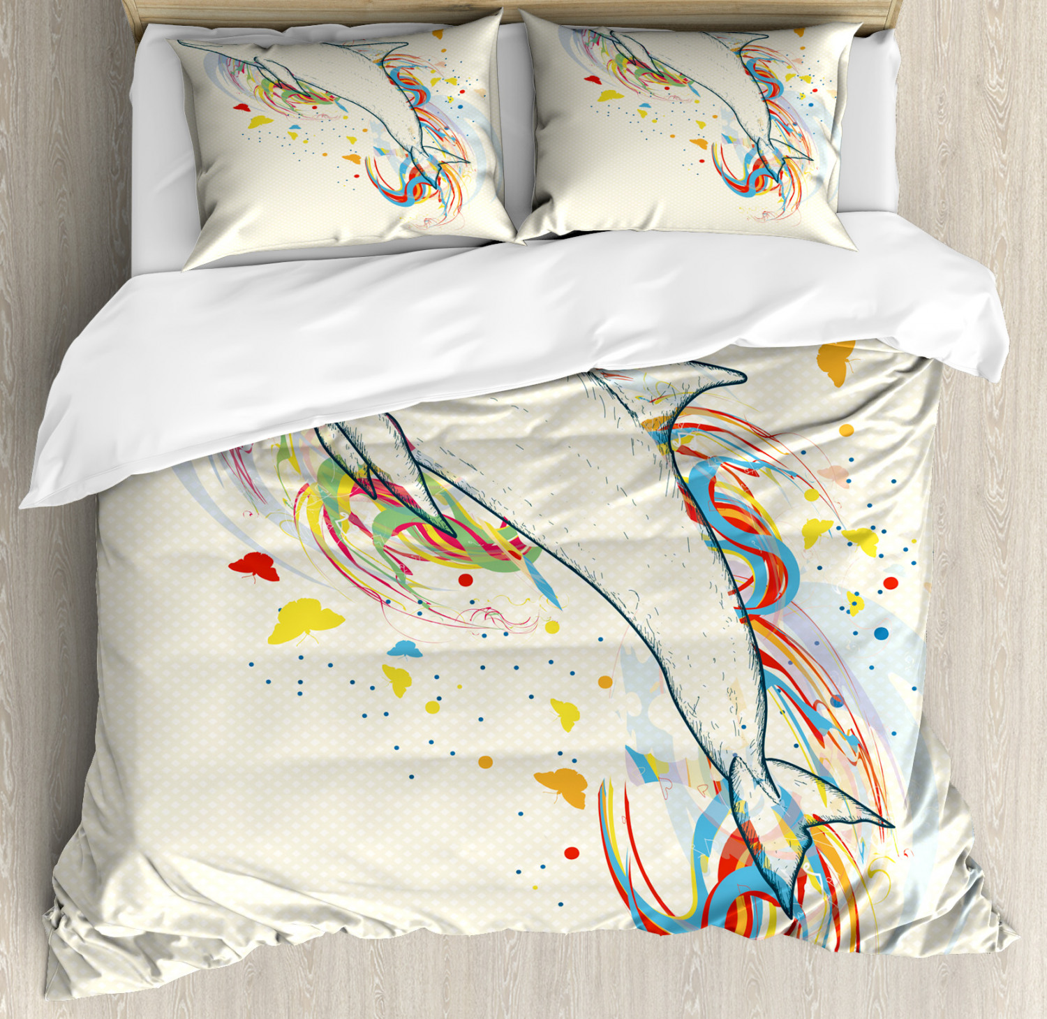 Dolphin Duvet Cover Set With Pillow Shams Cute Fish Rainbow Color