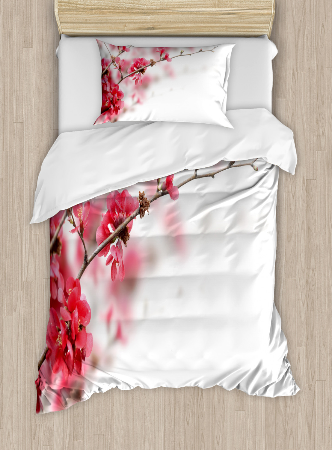 Japanese Duvet Cover Set with Pillow Shams Cherry Blossoms Misty Print