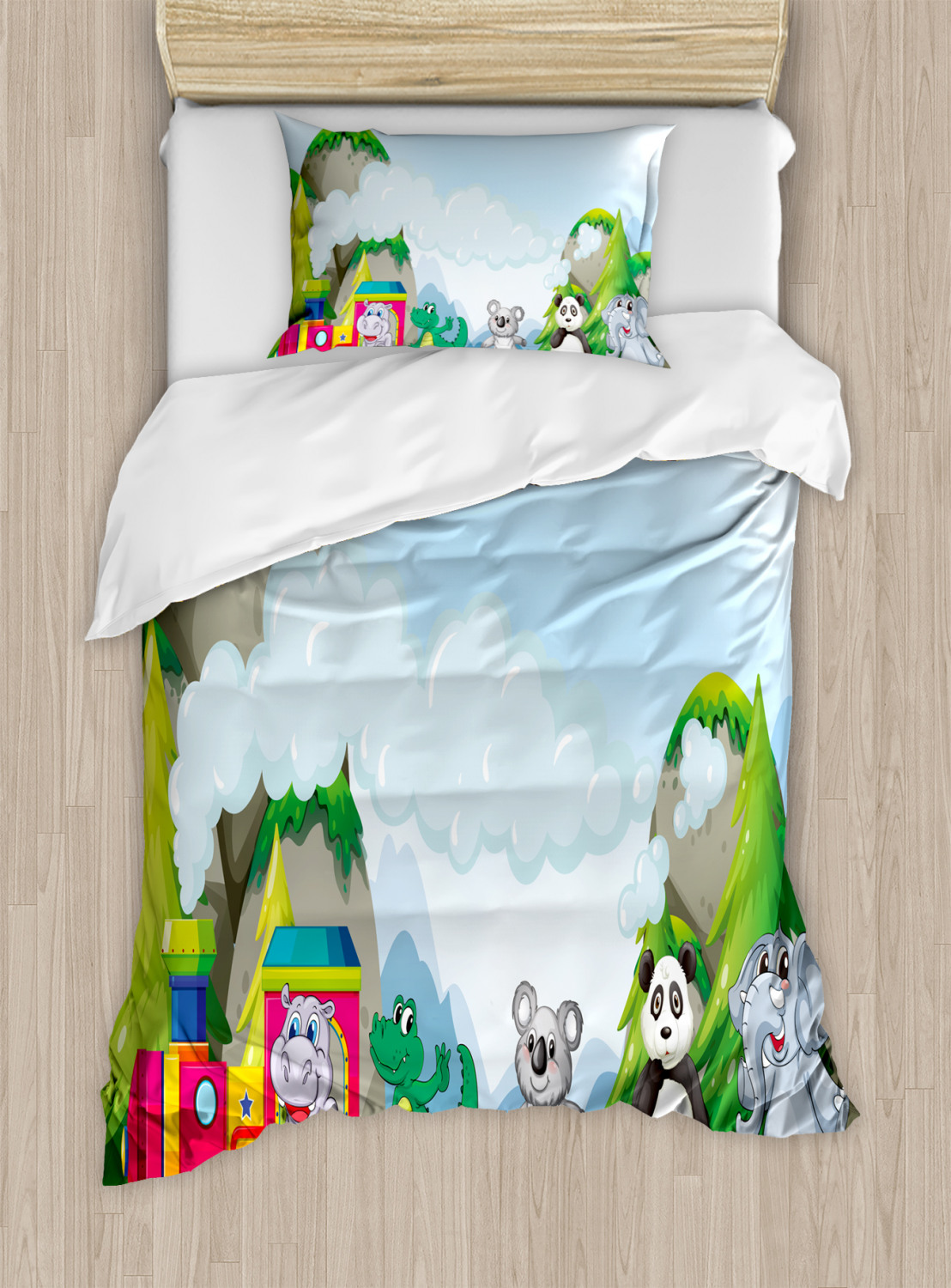 Kids Duvet Cover Set with Pillow Shams Cartoon Animals on Train Print - Picture 7 of 8