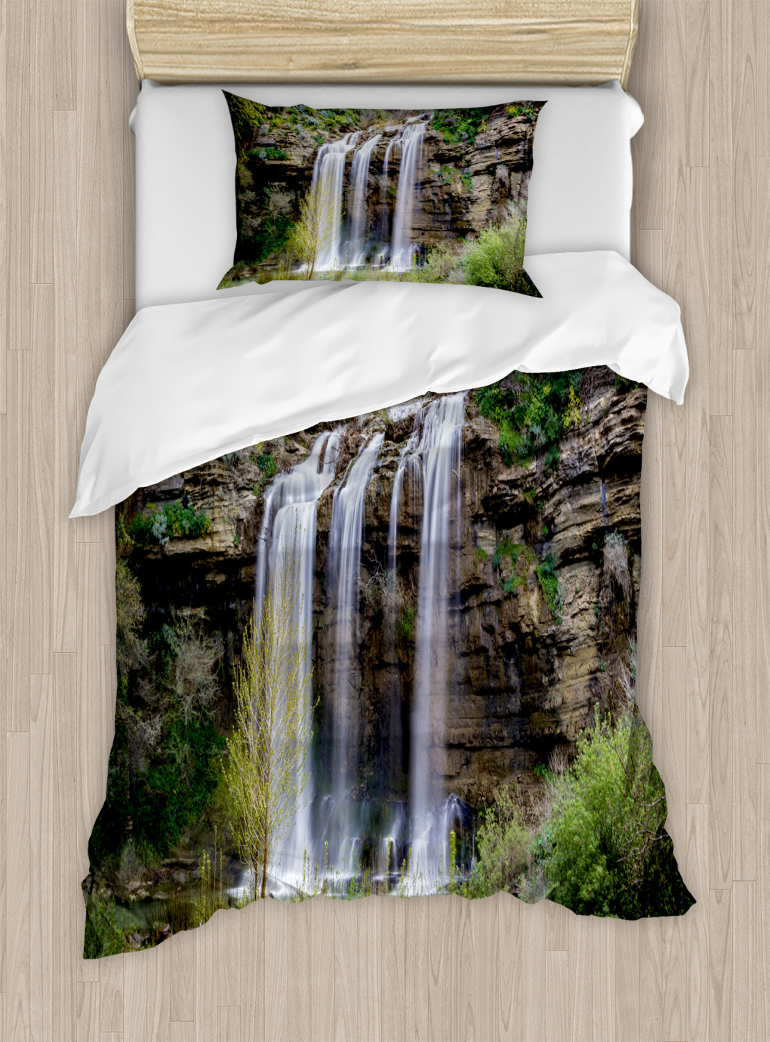 Details about   Nature Quilted Bedspread & Pillow Shams Set Waterfall Forest Sicily Print 