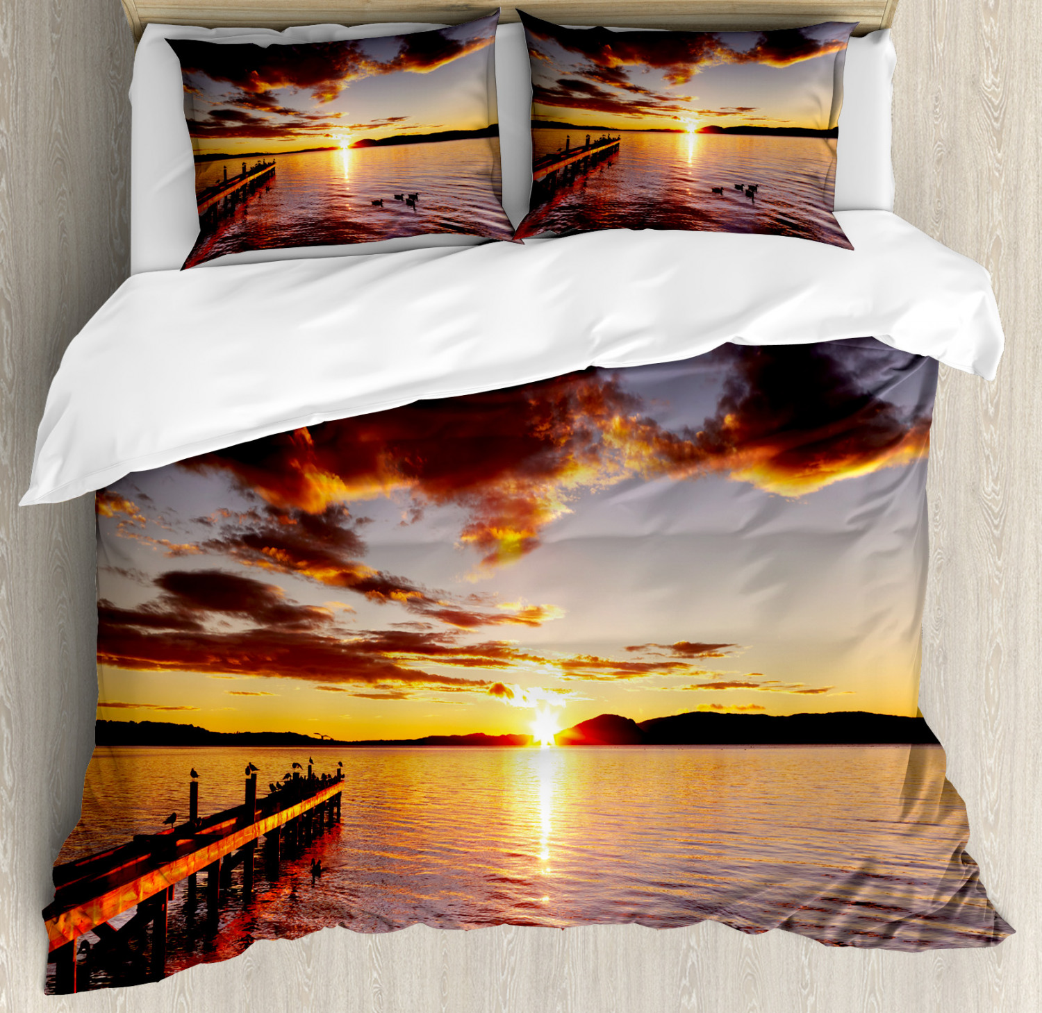 Coastal Duvet Cover Set With Pillow Shams Lake Rotorua At Sunrise