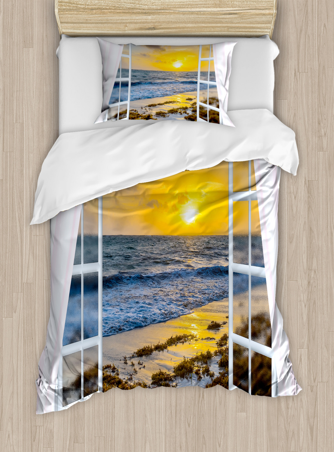Coastal Duvet Cover Set with Pillow Shams Open Window Sunrise Sea Print  eBay