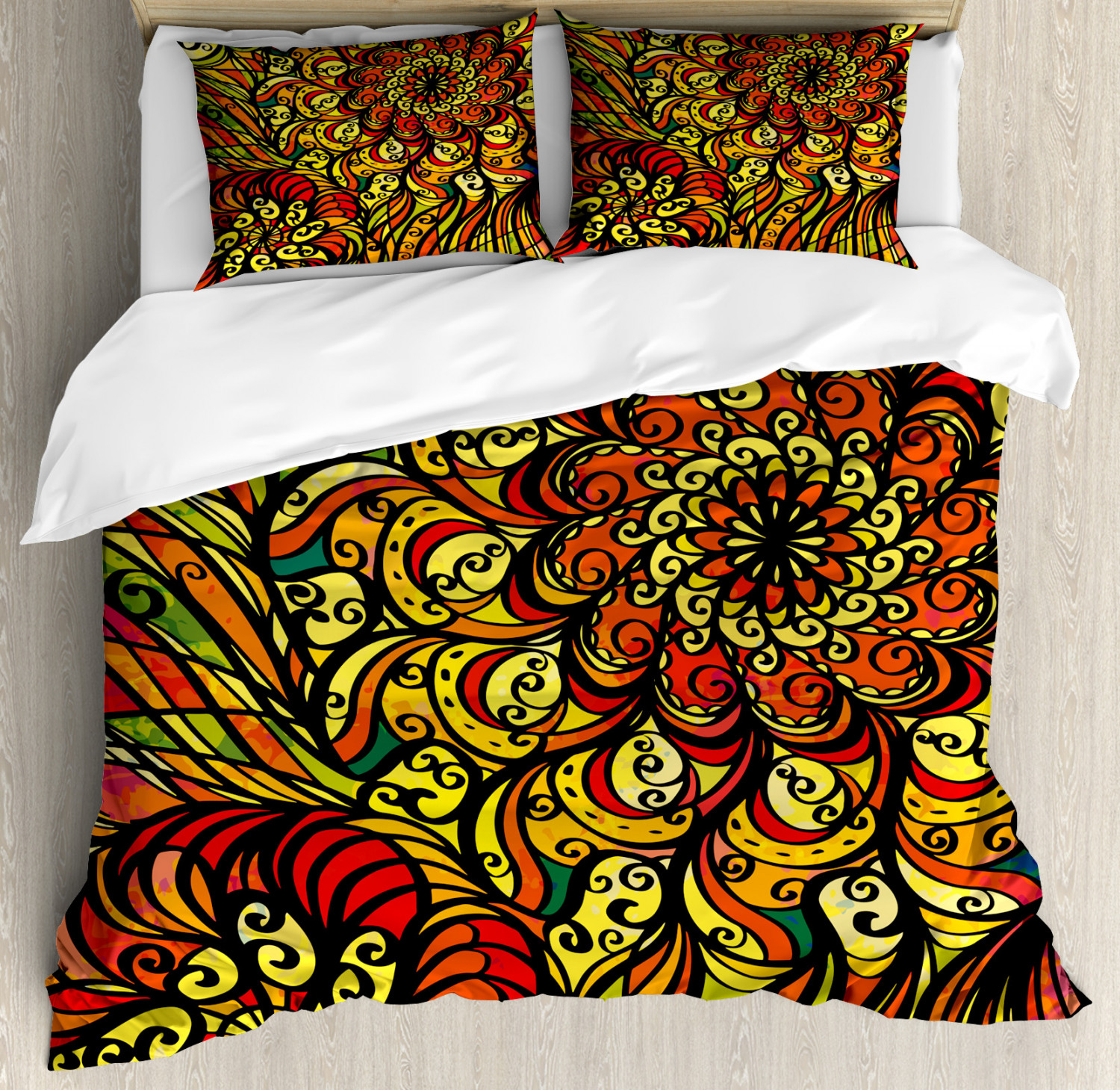 Colorful Duvet Cover Set with Pillow Shams Abstract Curly Floral Print